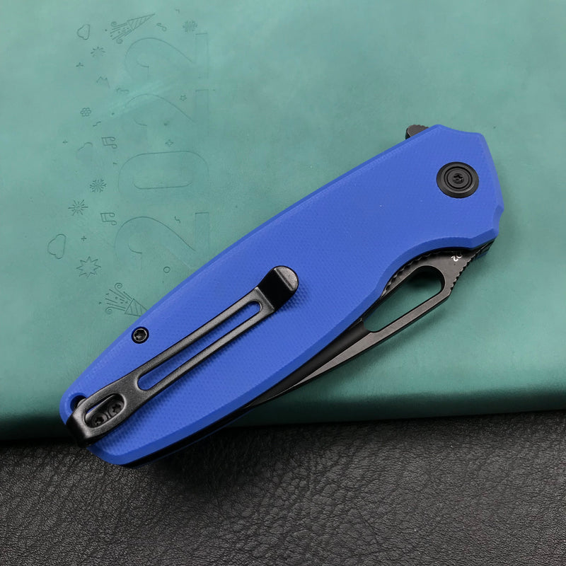 KUBEY KU322I Liner Lock Flipper Folding Knife Blue G10 Handle 3.39" Dark Stonewashed D2
