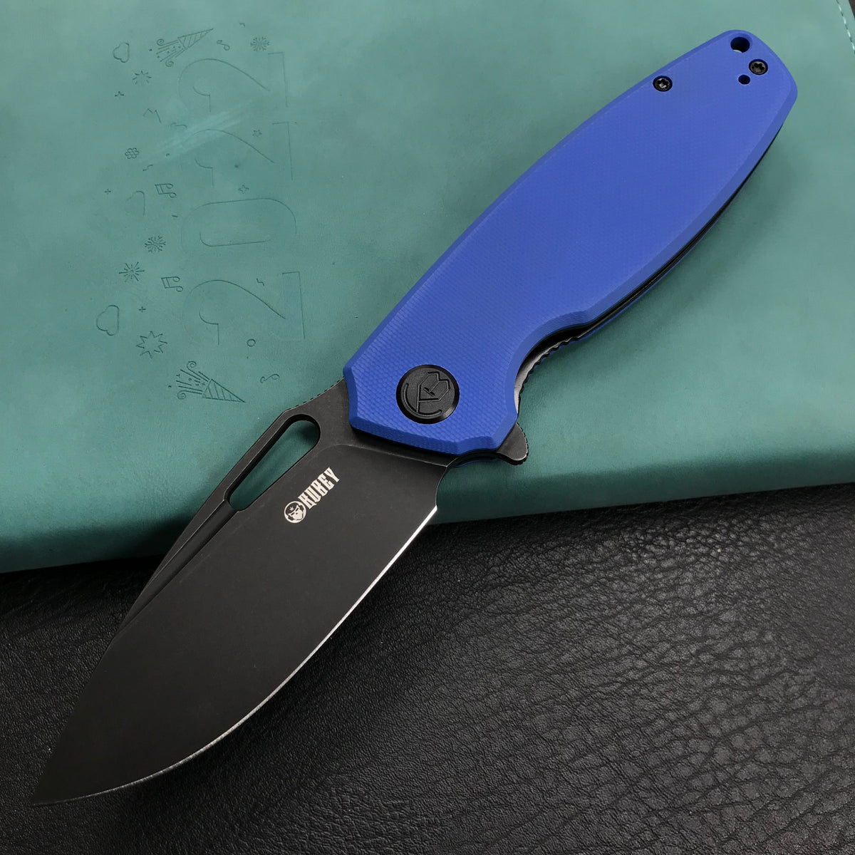 KUBEY KU322I Liner Lock Flipper Folding Knife Blue G10 Handle 3.39" Dark Stonewashed D2