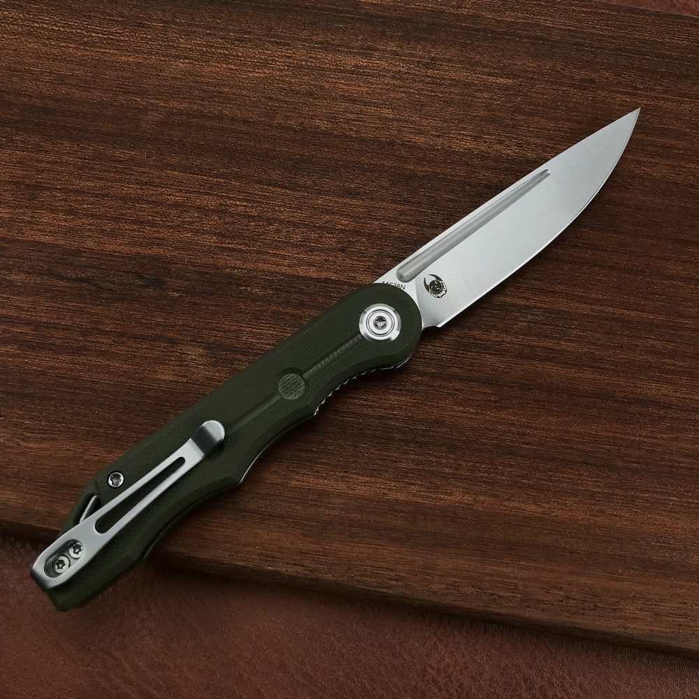 KUBEY KU2101D Mizo Liner Lock Front Flipper Folding Knife Green G10 Handle 3.15" Satin 14C28N