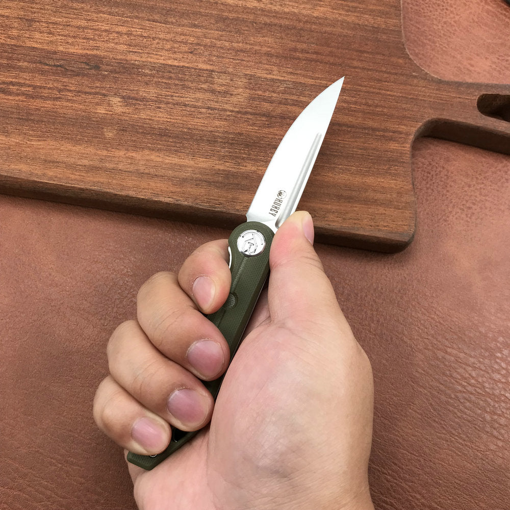 KUBEY KU2101D Mizo Liner Lock Front Flipper Folding Knife Green G10 Handle 3.15" Satin 14C28N