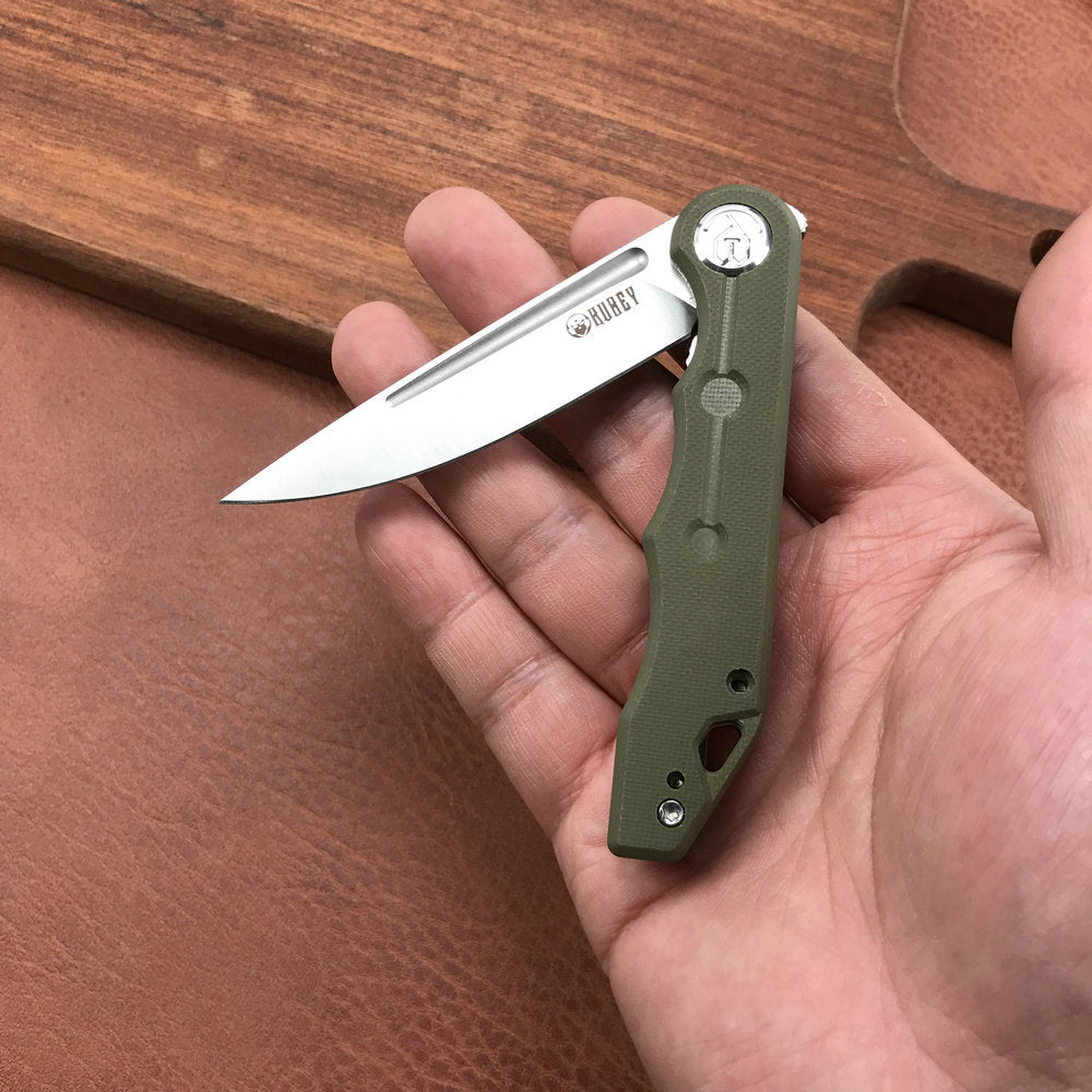 KUBEY KU2101D Mizo Liner Lock Front Flipper Folding Knife Green G10 Handle 3.15" Satin 14C28N