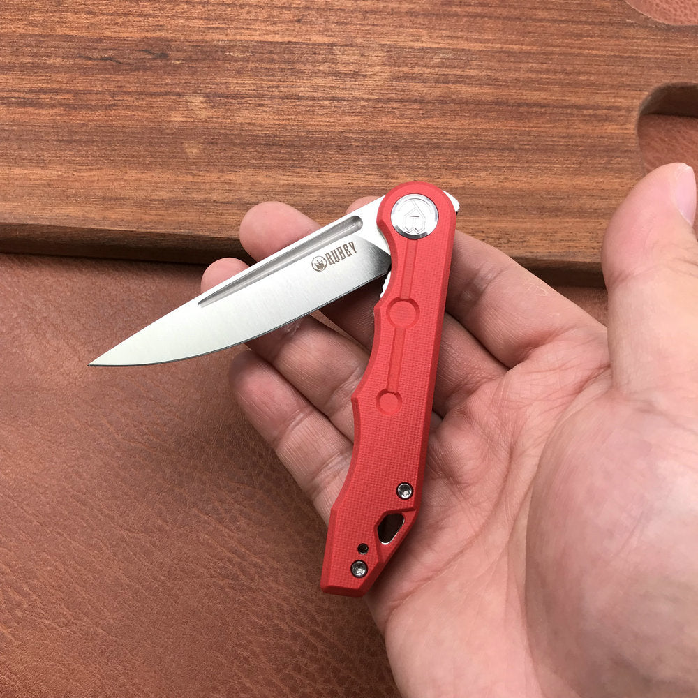 KUBEY KU2101C Mizo Liner Lock Front Flipper Folding Knife Red G10 Handle 3.15" Satin 14C28N