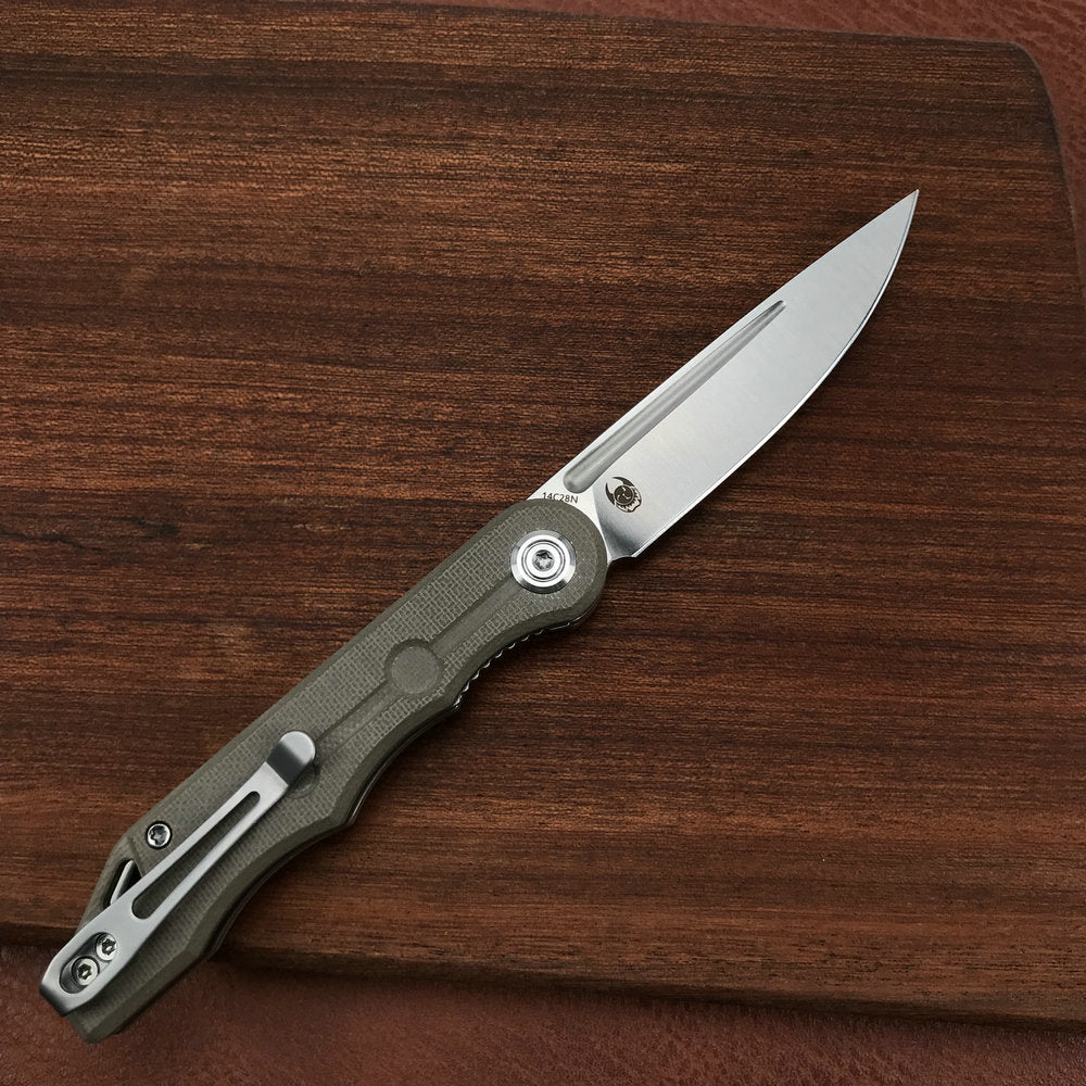 KUBEY KU2101E Mizo Liner Lock Front Flipper Folding Knife Tan G10 Handle 3.15" Satin 14C28N