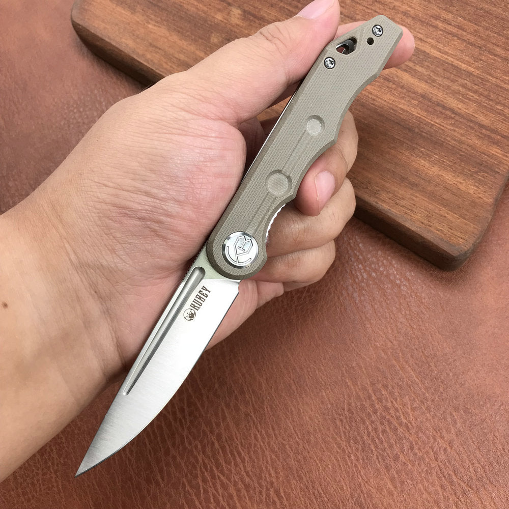 KUBEY KU2101E Mizo Liner Lock Front Flipper Folding Knife Tan G10 Handle 3.15" Satin 14C28N