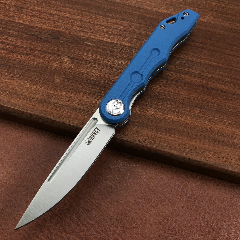 KUBEY  KU2101B Mizo Liner Lock Front Flipper Folding Knife Blue G10 Handle 3.15" Satin 14C28N