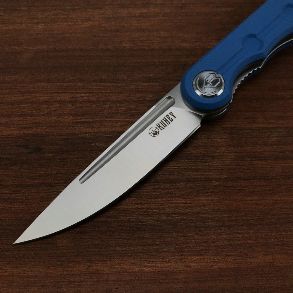 KUBEY  KU2101B Mizo Liner Lock Front Flipper Folding Knife Blue G10 Handle 3.15" Satin 14C28N