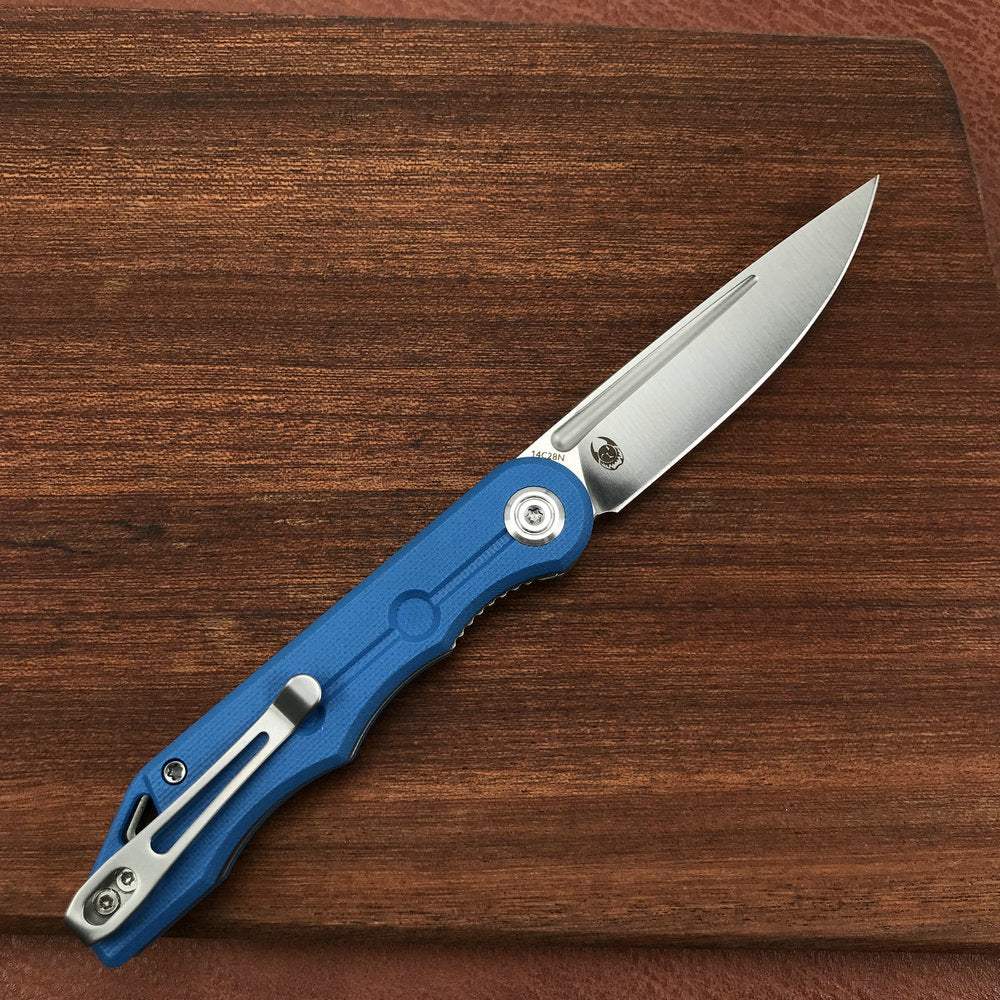 KUBEY  KU2101B Mizo Liner Lock Front Flipper Folding Knife Blue G10 Handle 3.15" Satin 14C28N