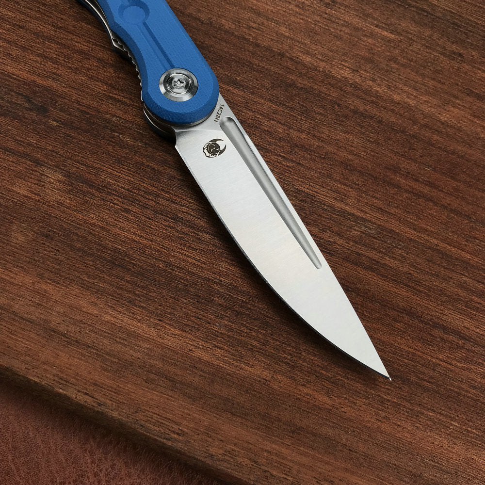 KUBEY  KU2101B Mizo Liner Lock Front Flipper Folding Knife Blue G10 Handle 3.15" Satin 14C28N