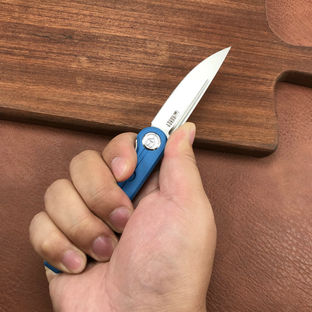 KUBEY  KU2101B Mizo Liner Lock Front Flipper Folding Knife Blue G10 Handle 3.15" Satin 14C28N