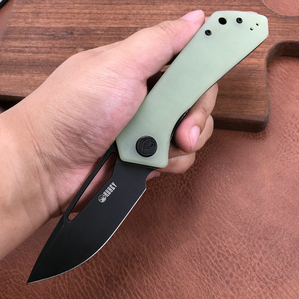 KUBEY KU331E Front Flipper EDC Pocket Folding Knife  Jade G10 Handle 3.27" Dark Stonewashed D2