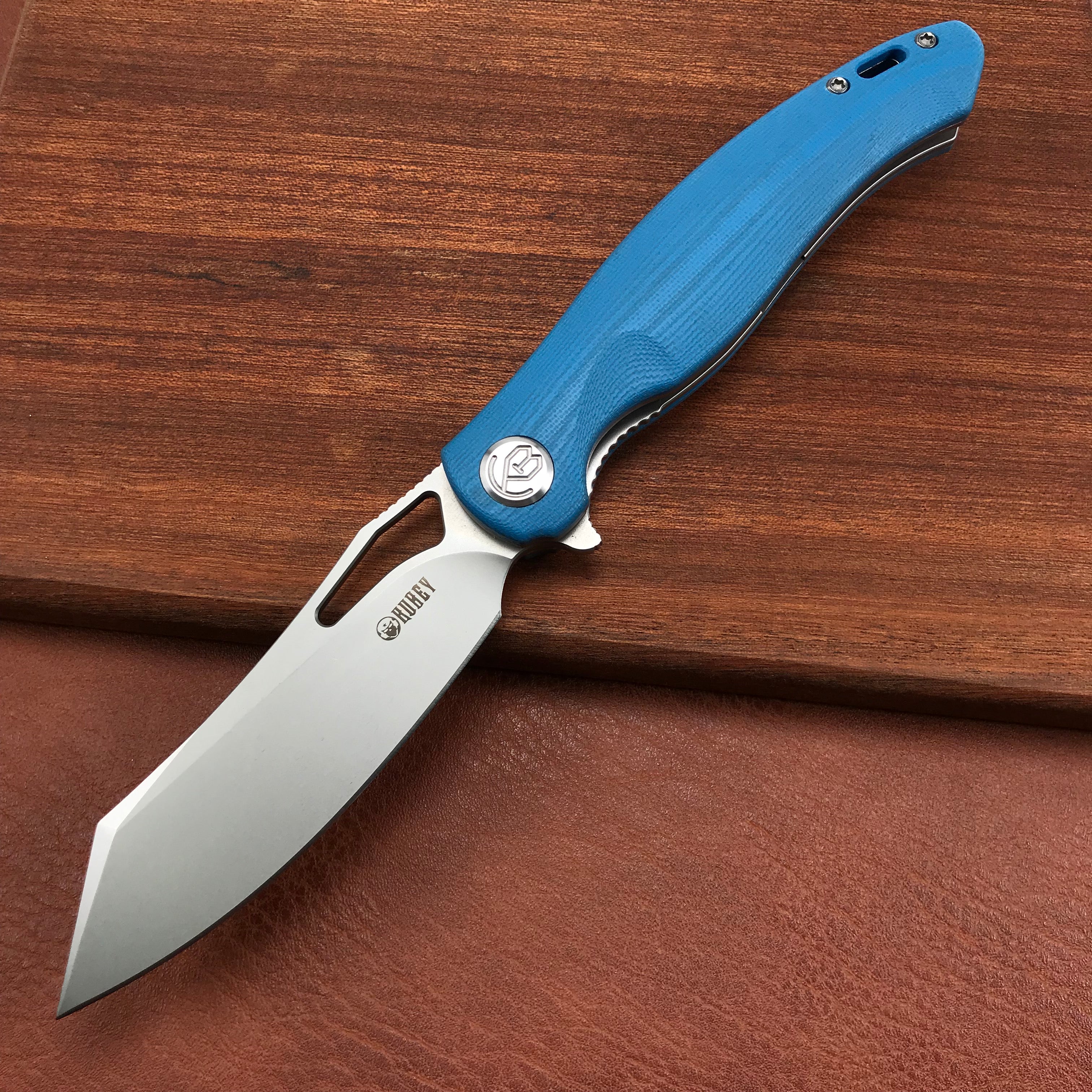 KUBEY KB239D Drake Lliner Lock Folding Knife Blue G10 Handle (3.7' Blasted Stonewashed AUS-10)