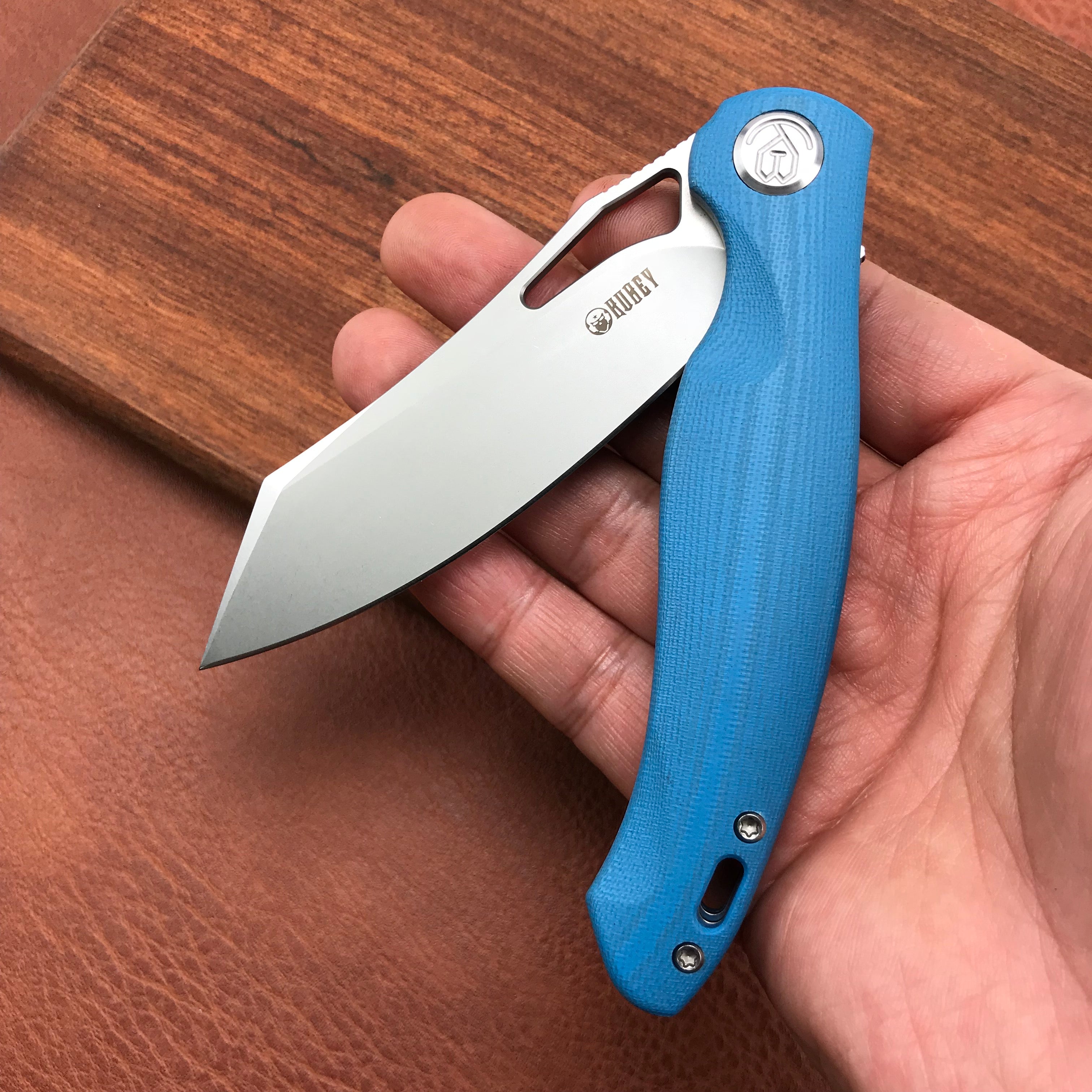 KUBEY KB239D Drake Lliner Lock Folding Knife Blue G10 Handle (3.7' Blasted Stonewashed AUS-10)