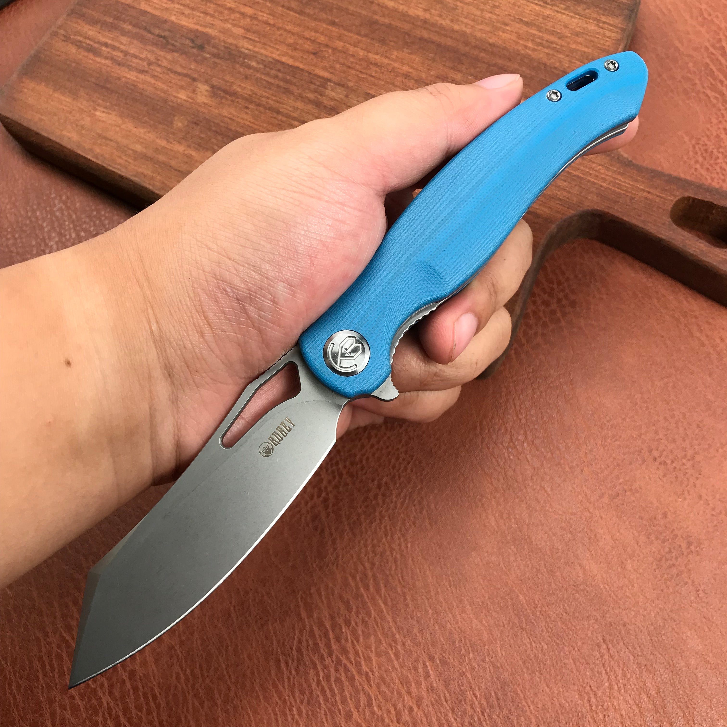 KUBEY KB239D Drake Lliner Lock Folding Knife Blue G10 Handle (3.7' Blasted Stonewashed AUS-10)