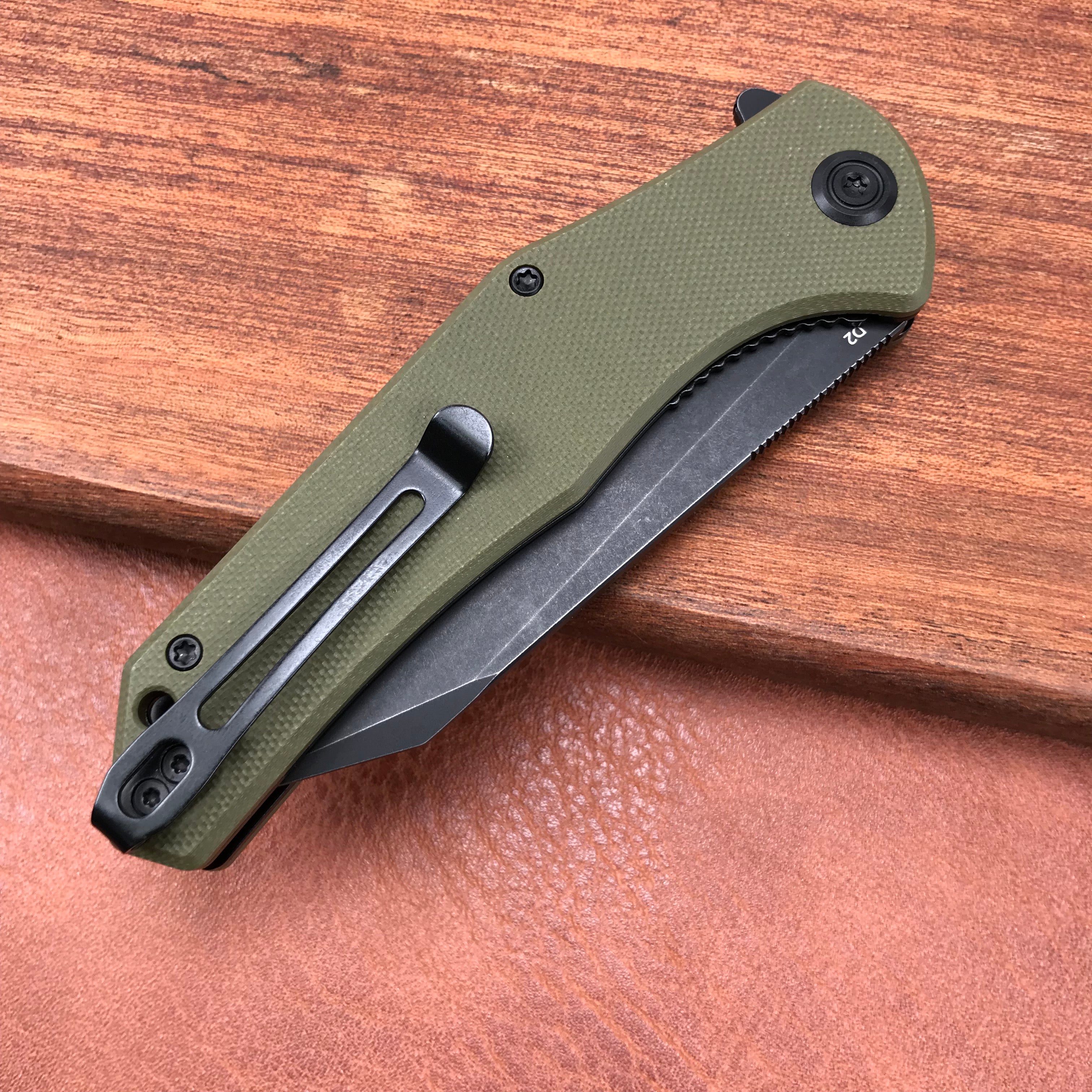 KUBEY KU158B Liner Lock Flipper Folding Knife Green G10 Handle 3.82" Black Titanium Coated D2