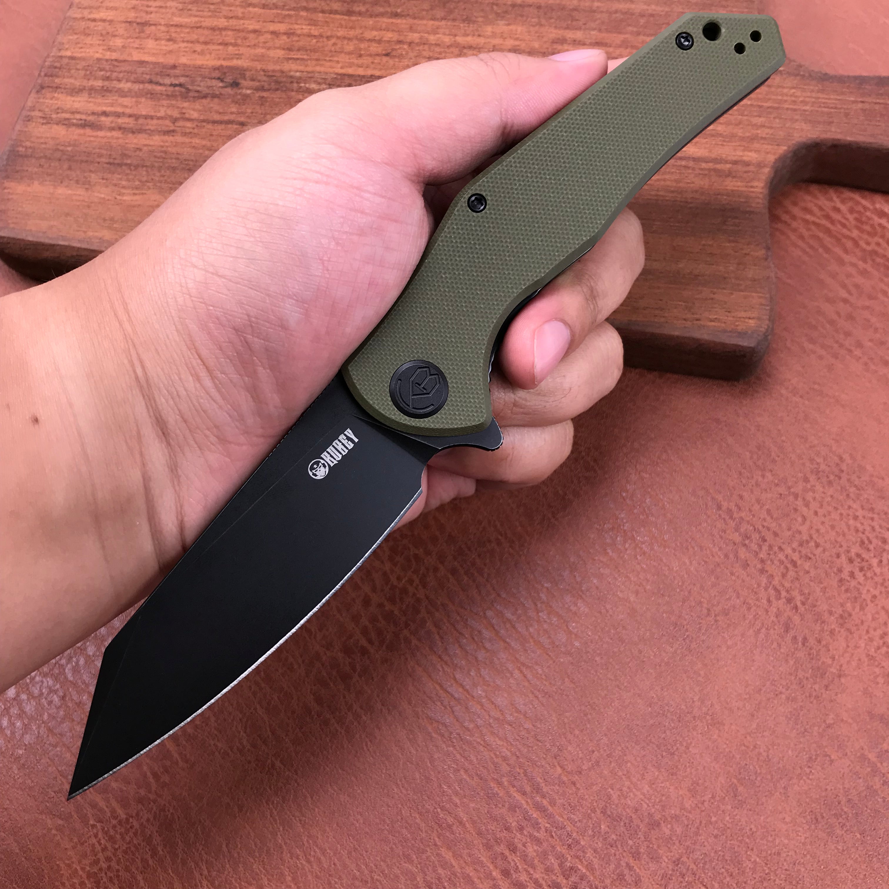 KUBEY KU158B Liner Lock Flipper Folding Knife Green G10 Handle 3.82" Black Titanium Coated D2