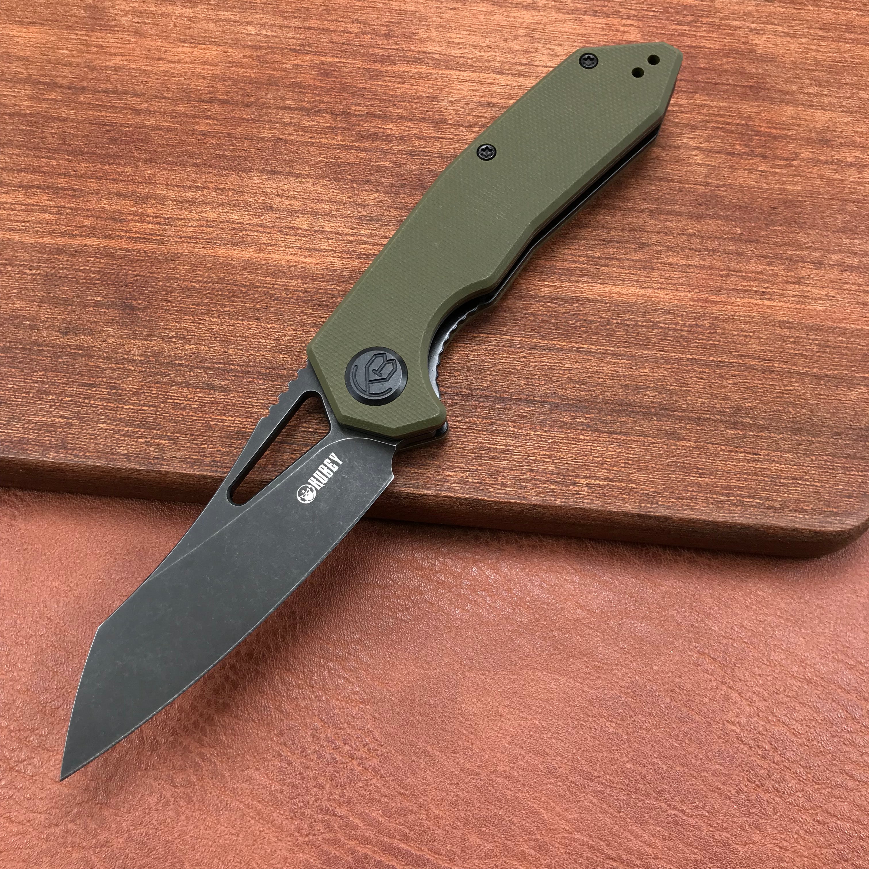 KUBEY  KU291E Vagrant Liner Lock Folding Knife green G10 Handle (3.1" Dark Stonewashed AUS-10)