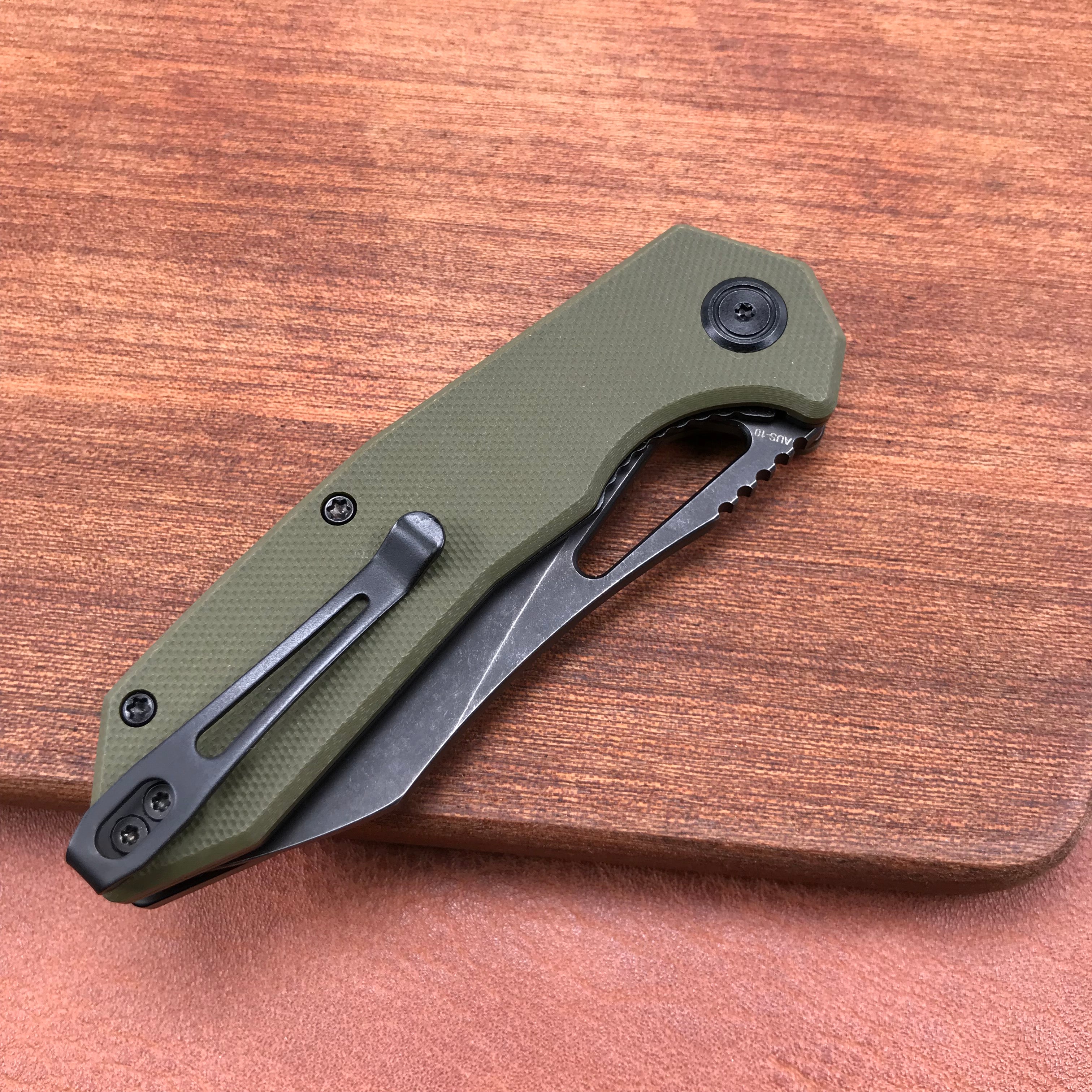 KUBEY  KU291E Vagrant Liner Lock Folding Knife green G10 Handle (3.1" Dark Stonewashed AUS-10)