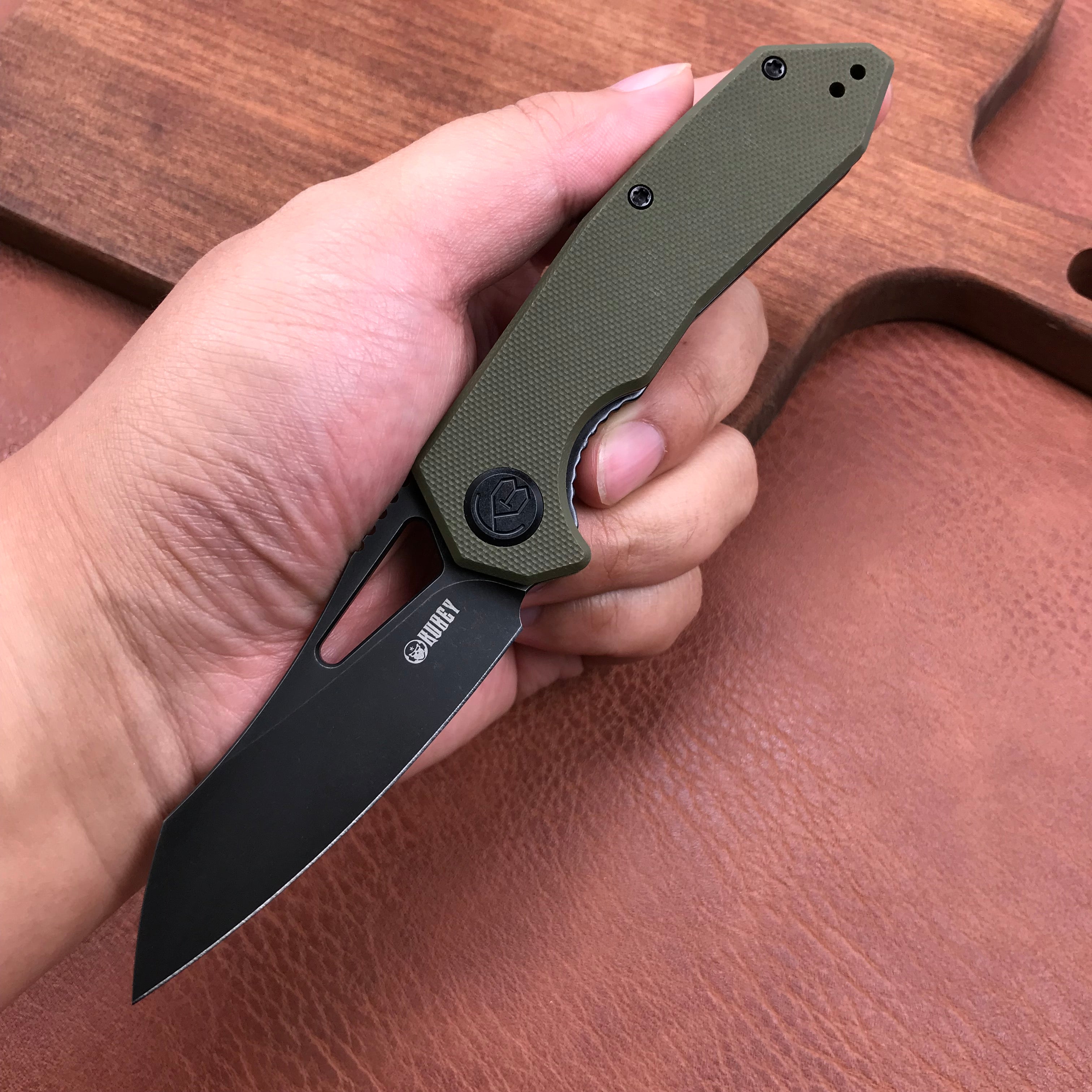 KUBEY  KU291E Vagrant Liner Lock Folding Knife green G10 Handle (3.1" Dark Stonewashed AUS-10)