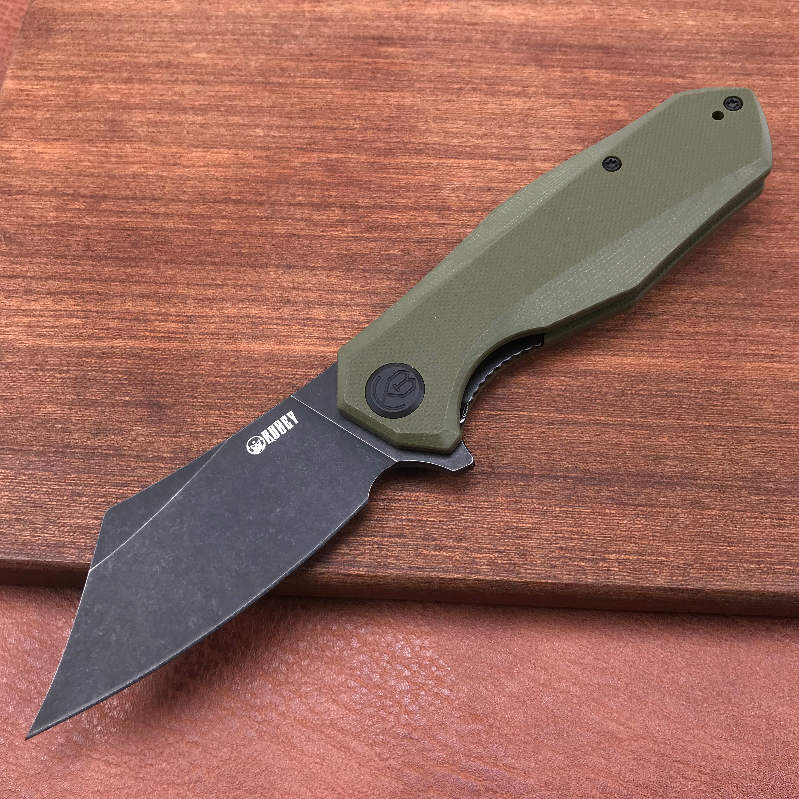 KUBEY KU329B Cleaver Liner Lock Flipper Knife Green G10 Handle 3.27" Black Stonewashed D2