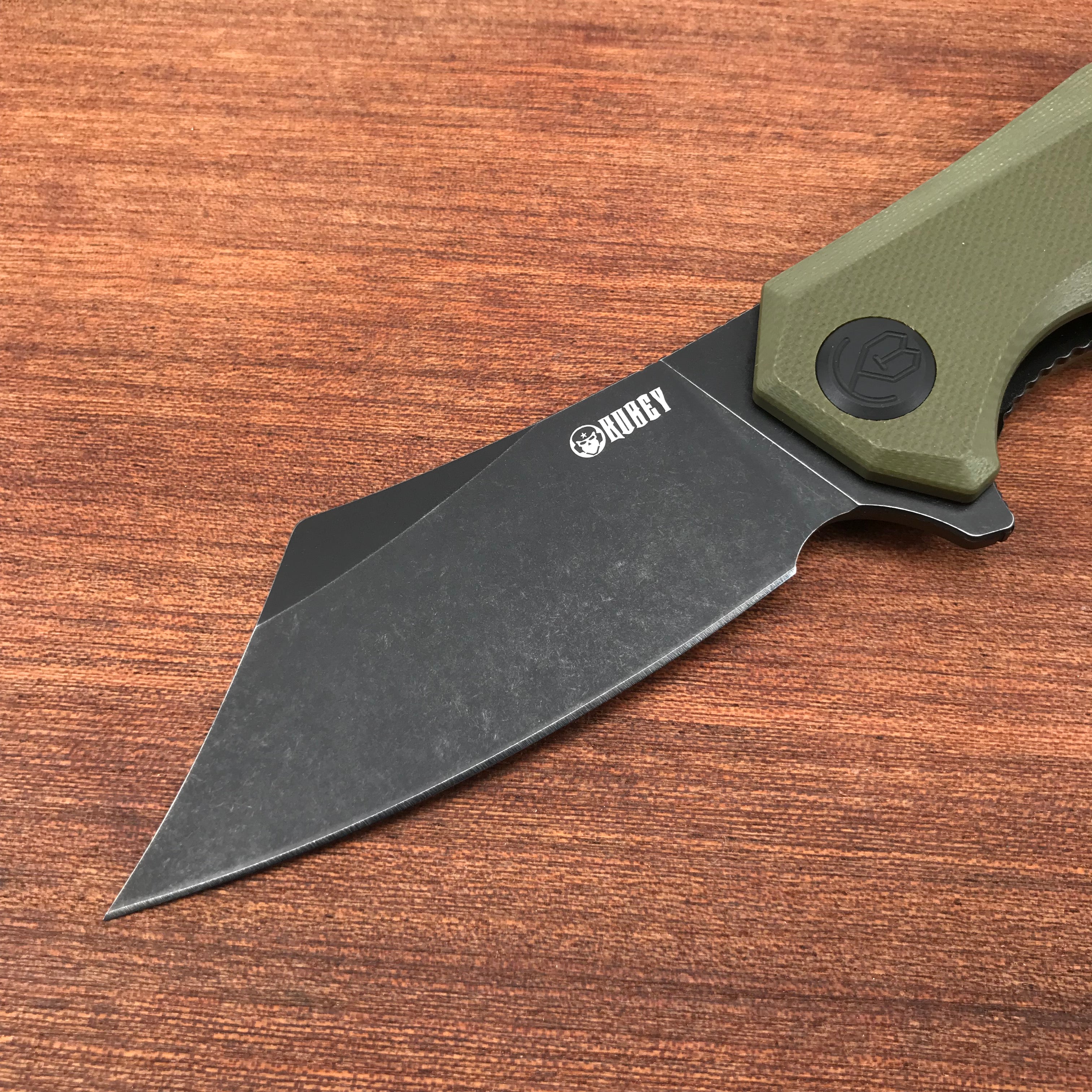 KUBEY KU329B Cleaver Liner Lock Flipper Knife Green G10 Handle 3.27" Black Stonewashed D2