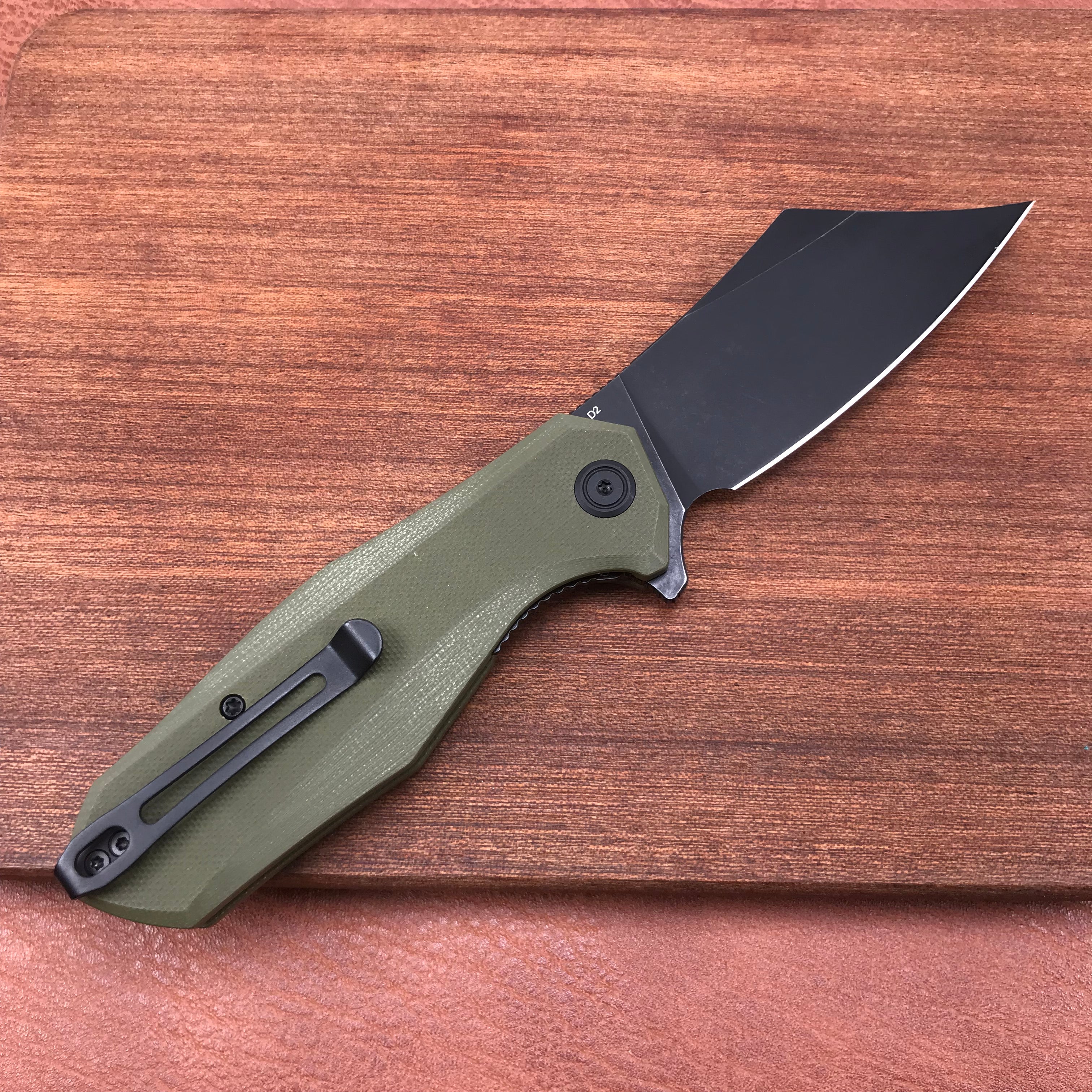 KUBEY KU329B Cleaver Liner Lock Flipper Knife Green G10 Handle 3.27" Black Stonewashed D2