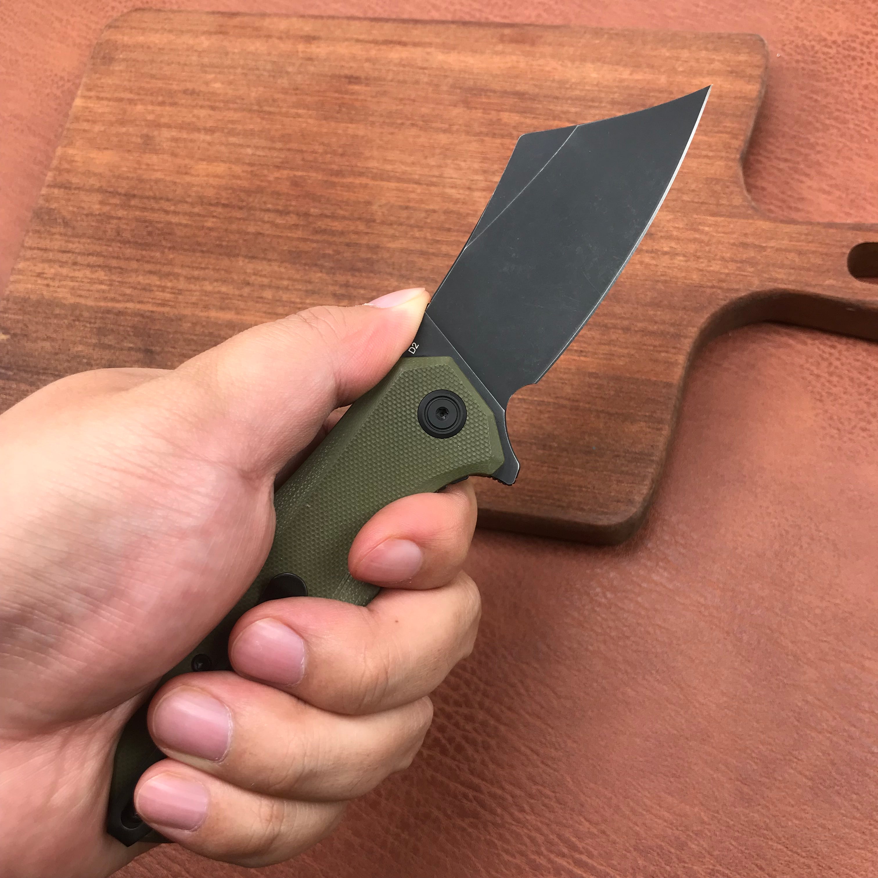 KUBEY KU329B Cleaver Liner Lock Flipper Knife Green G10 Handle 3.27" Black Stonewashed D2