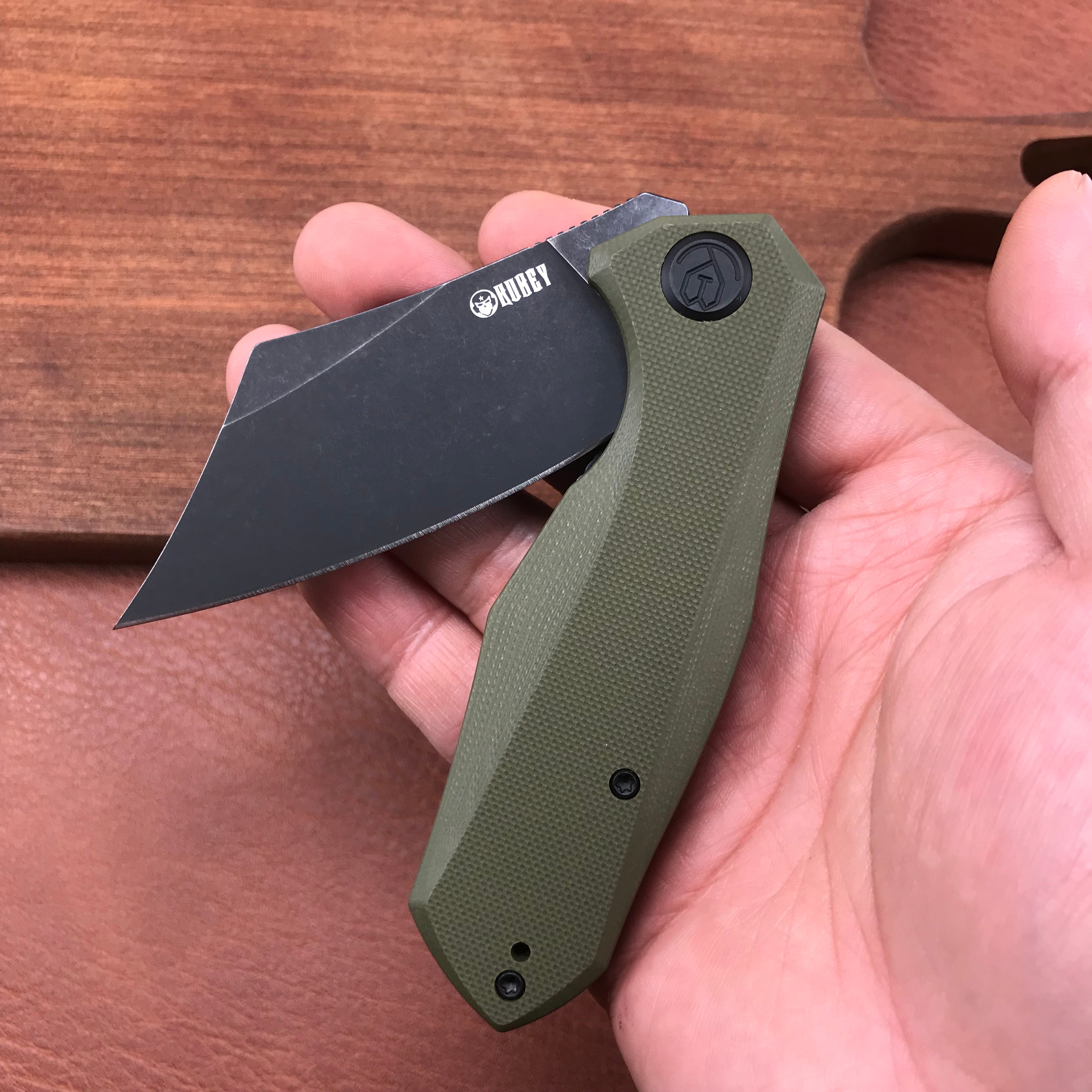 KUBEY KU329B Cleaver Liner Lock Flipper Knife Green G10 Handle 3.27" Black Stonewashed D2