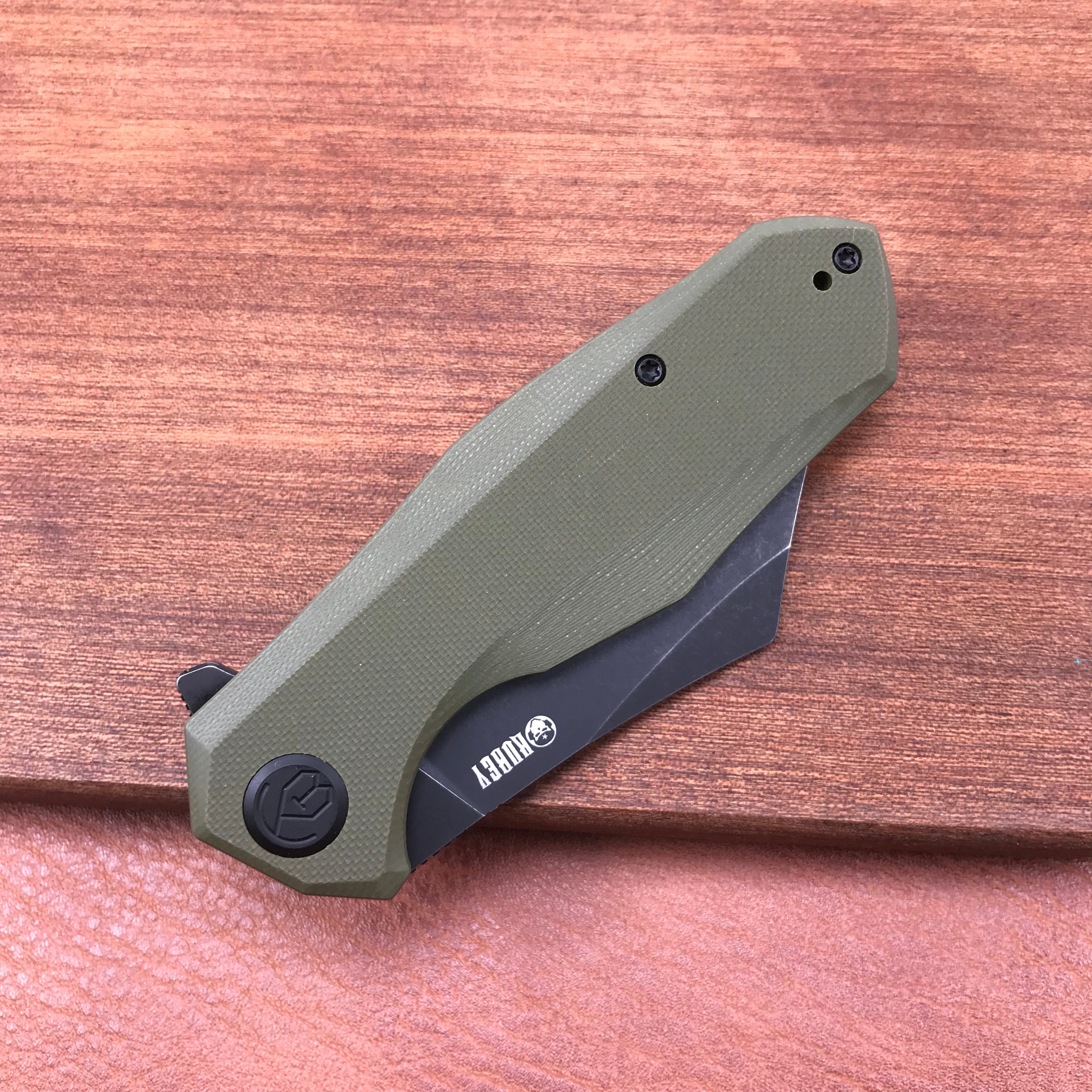 KUBEY KU329B Cleaver Liner Lock Flipper Knife Green G10 Handle 3.27" Black Stonewashed D2