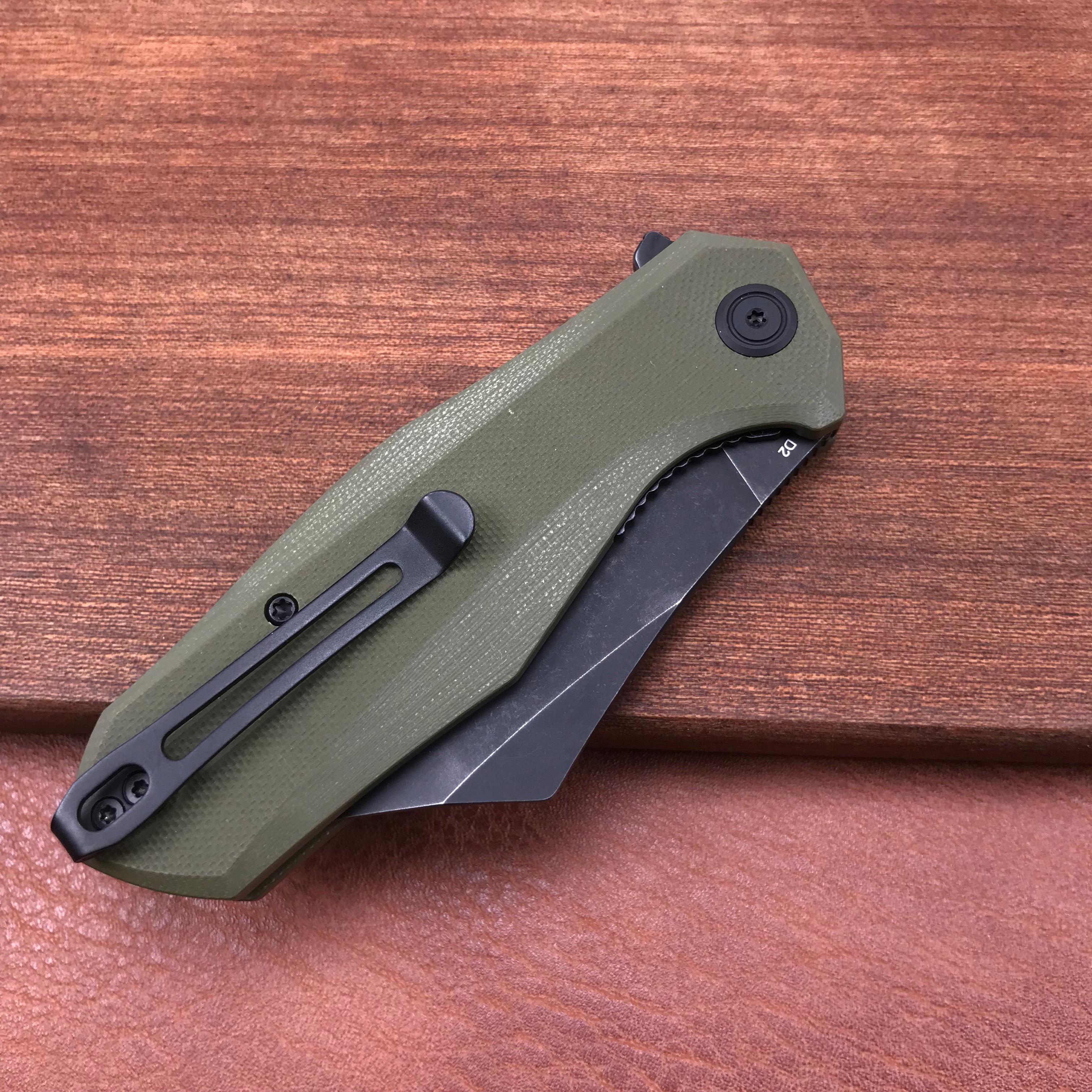 KUBEY KU329B Cleaver Liner Lock Flipper Knife Green G10 Handle 3.27" Black Stonewashed D2