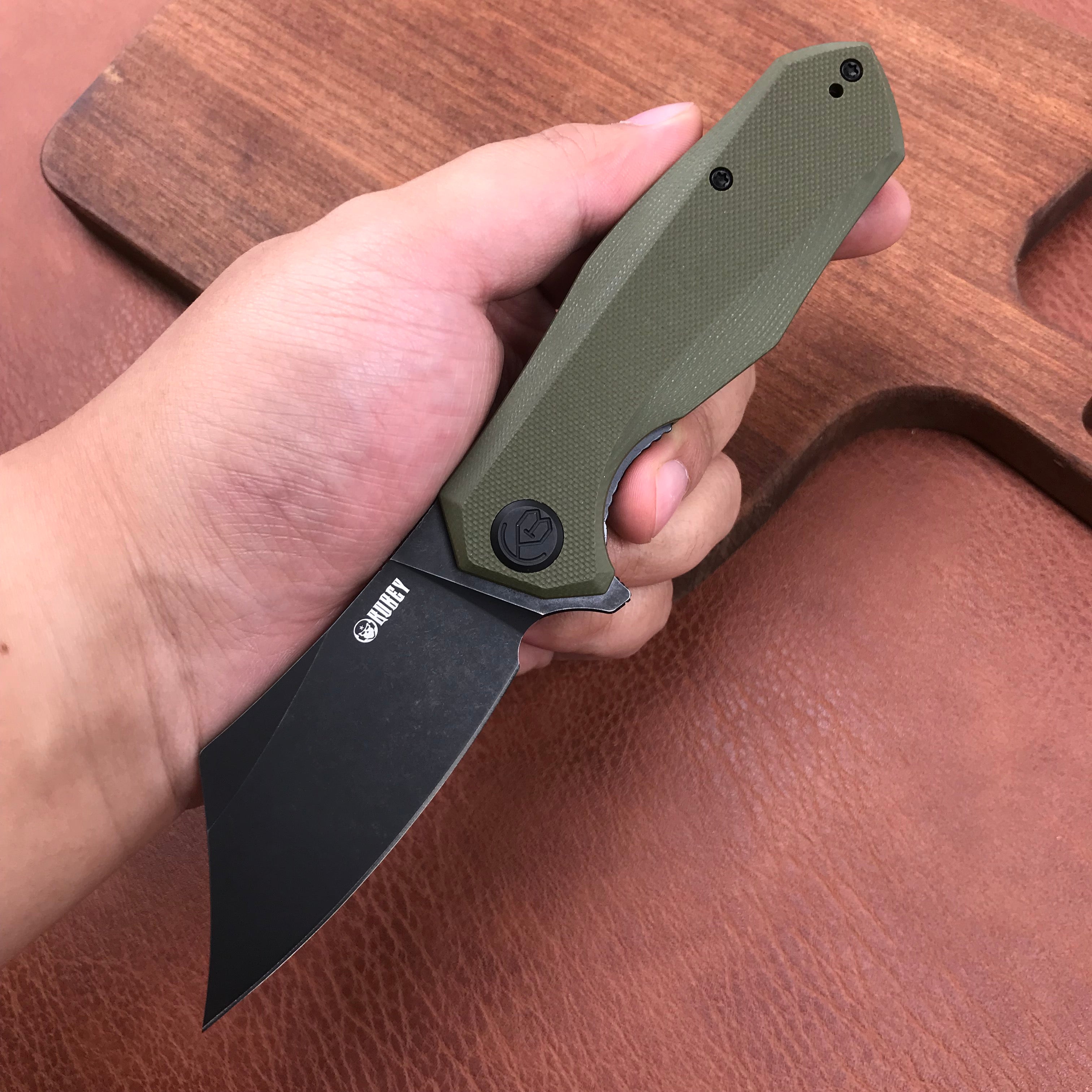 KUBEY KU329B Cleaver Liner Lock Flipper Knife Green G10 Handle 3.27" Black Stonewashed D2