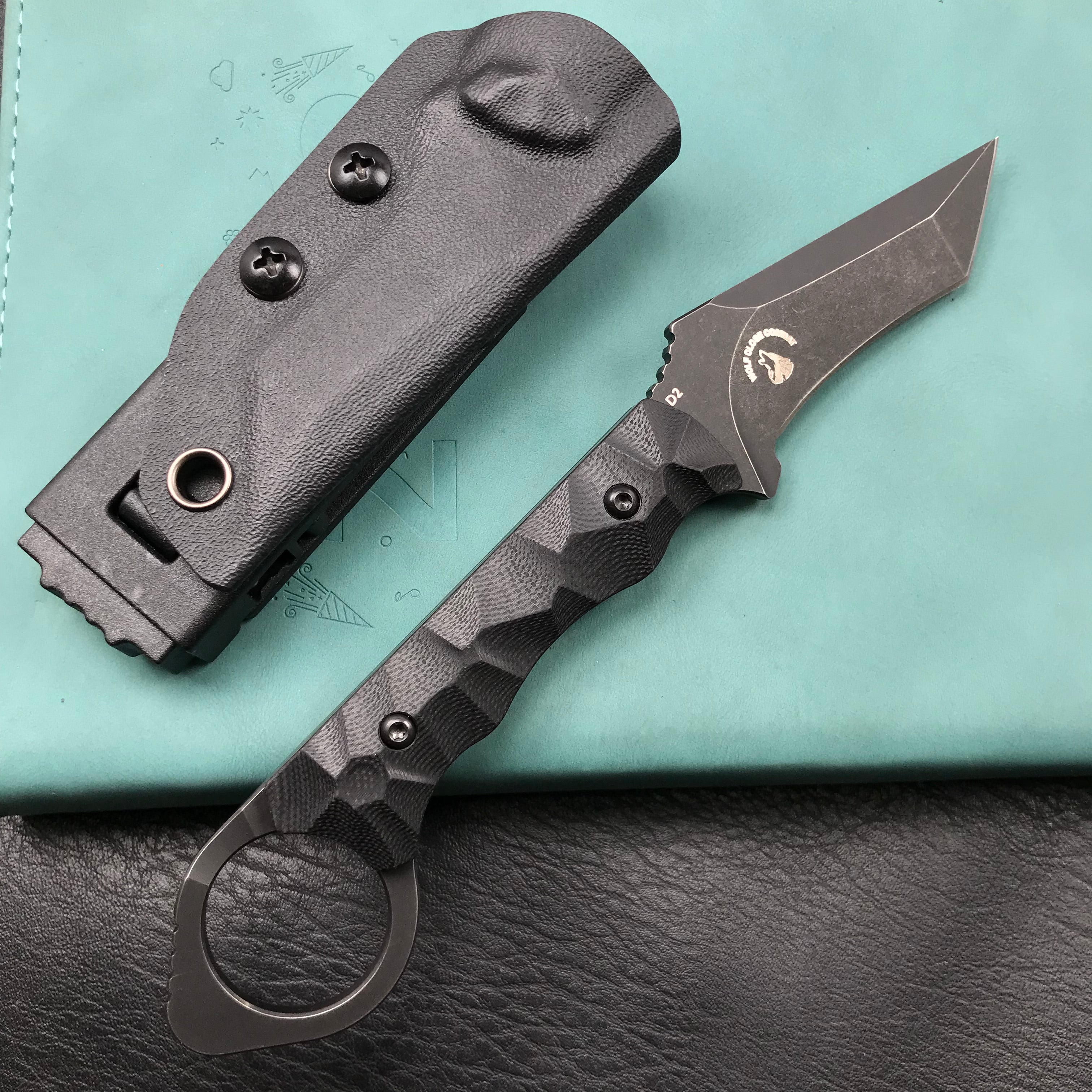 KUBEY KU320B WOLF E-CQC Fixed Blade Knife Black G10 Handle w/Kydex 2.76" Dark Stonewashed D2