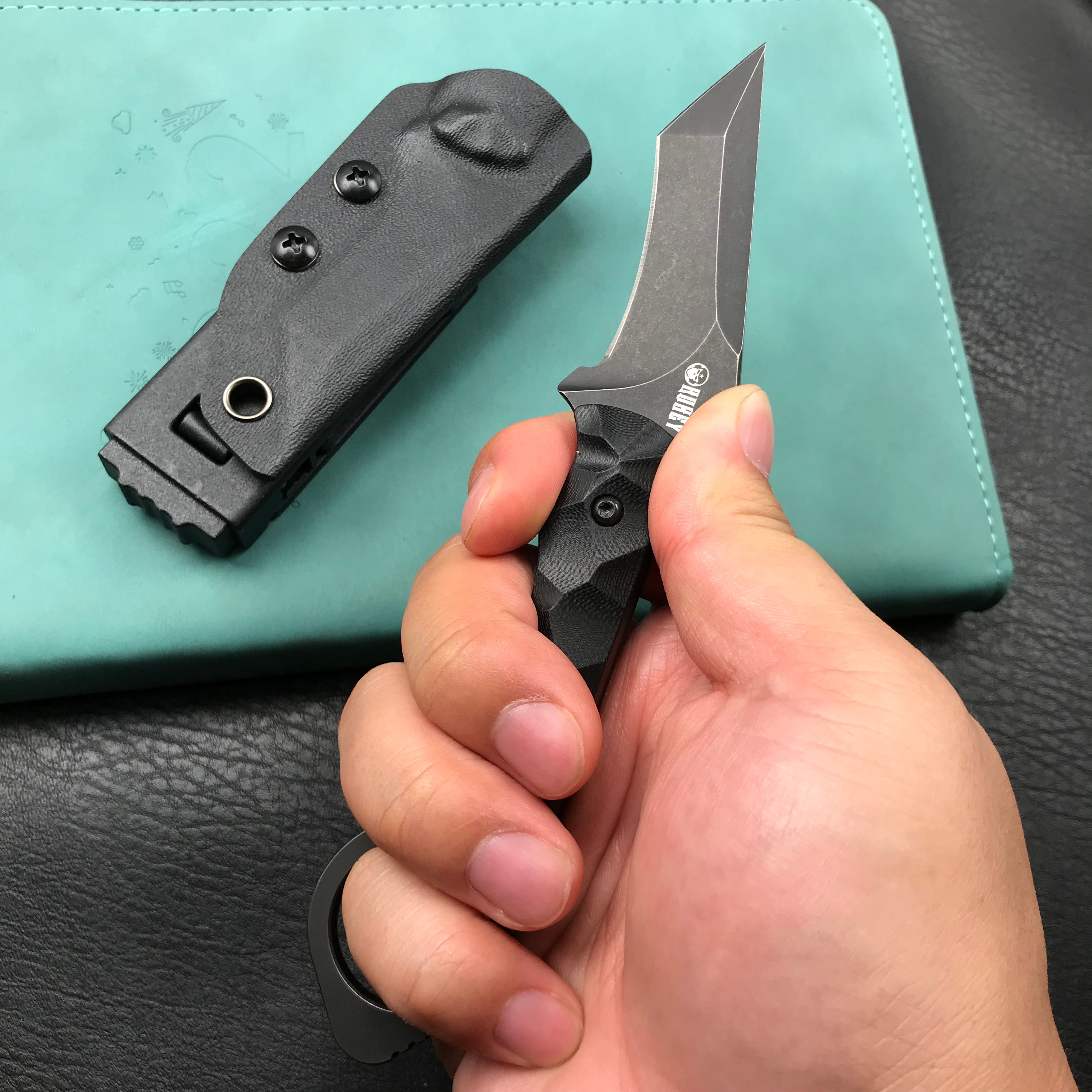 KUBEY KU320B WOLF E-CQC Fixed Blade Knife Black G10 Handle w/Kydex 2.76" Dark Stonewashed D2