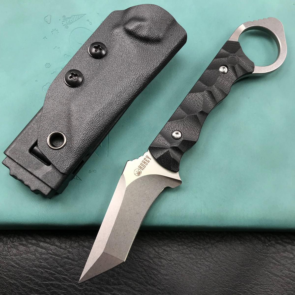 KUBEY KU320A WOLF E-CQC Fixed Blade Knife Black G10 Handle w/Kydex 2.76" Stonewashed  D2