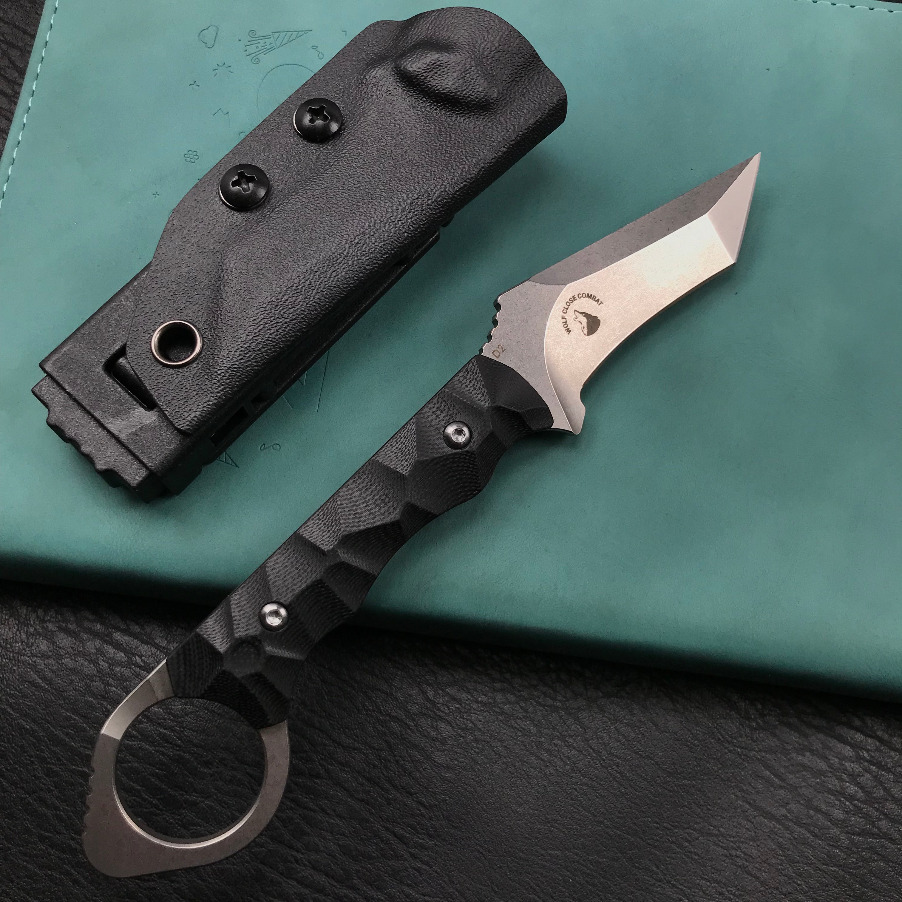 KUBEY KU320A WOLF E-CQC Fixed Blade Knife Black G10 Handle w/Kydex 2.76" Stonewashed  D2