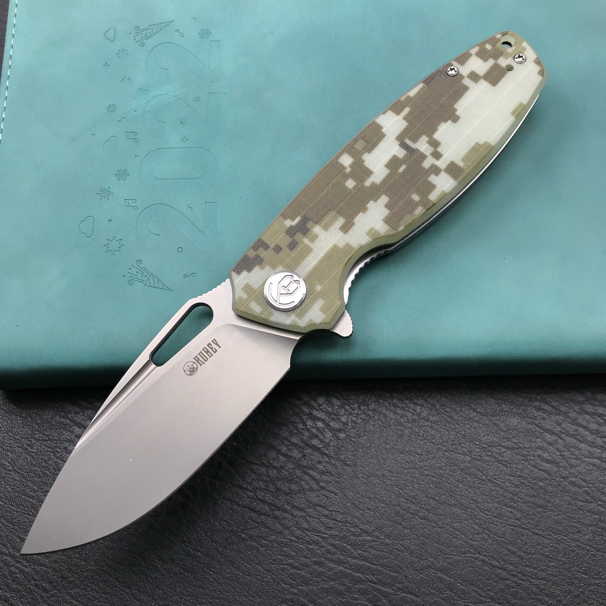 KUBEY KU322K Liner Lock Flipper Folding Knife Camo G10 Handle 3.39" Blasted Stonewashed D2