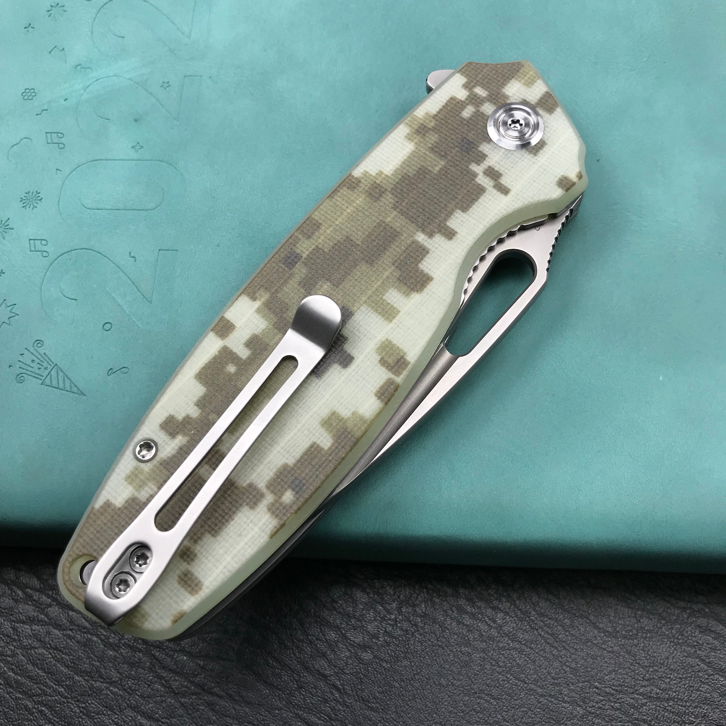 KUBEY KU322K Liner Lock Flipper Folding Knife Camo G10 Handle 3.39" Blasted Stonewashed D2