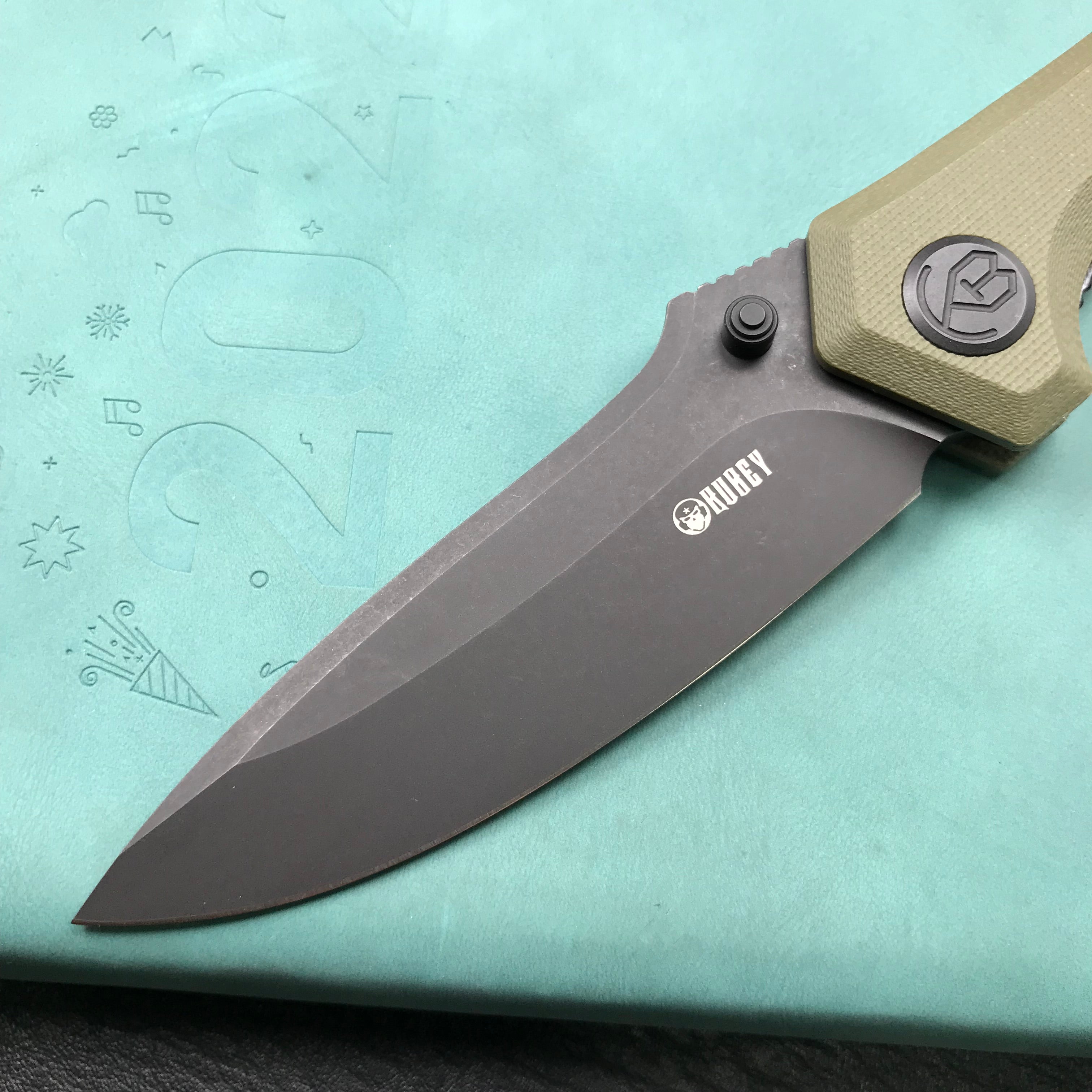 KUBEY KU314G Ruckus Liner Lock Folding Knife OD Green G10 Handle 3.31" Dark Stonewashed AUS-10