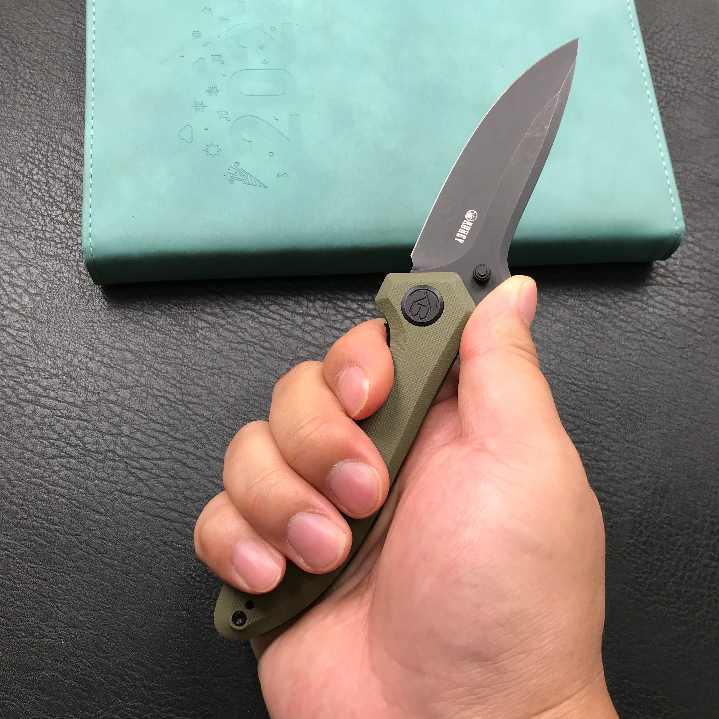 KUBEY KU314G Ruckus Liner Lock Folding Knife OD Green G10 Handle 3.31" Dark Stonewashed AUS-10