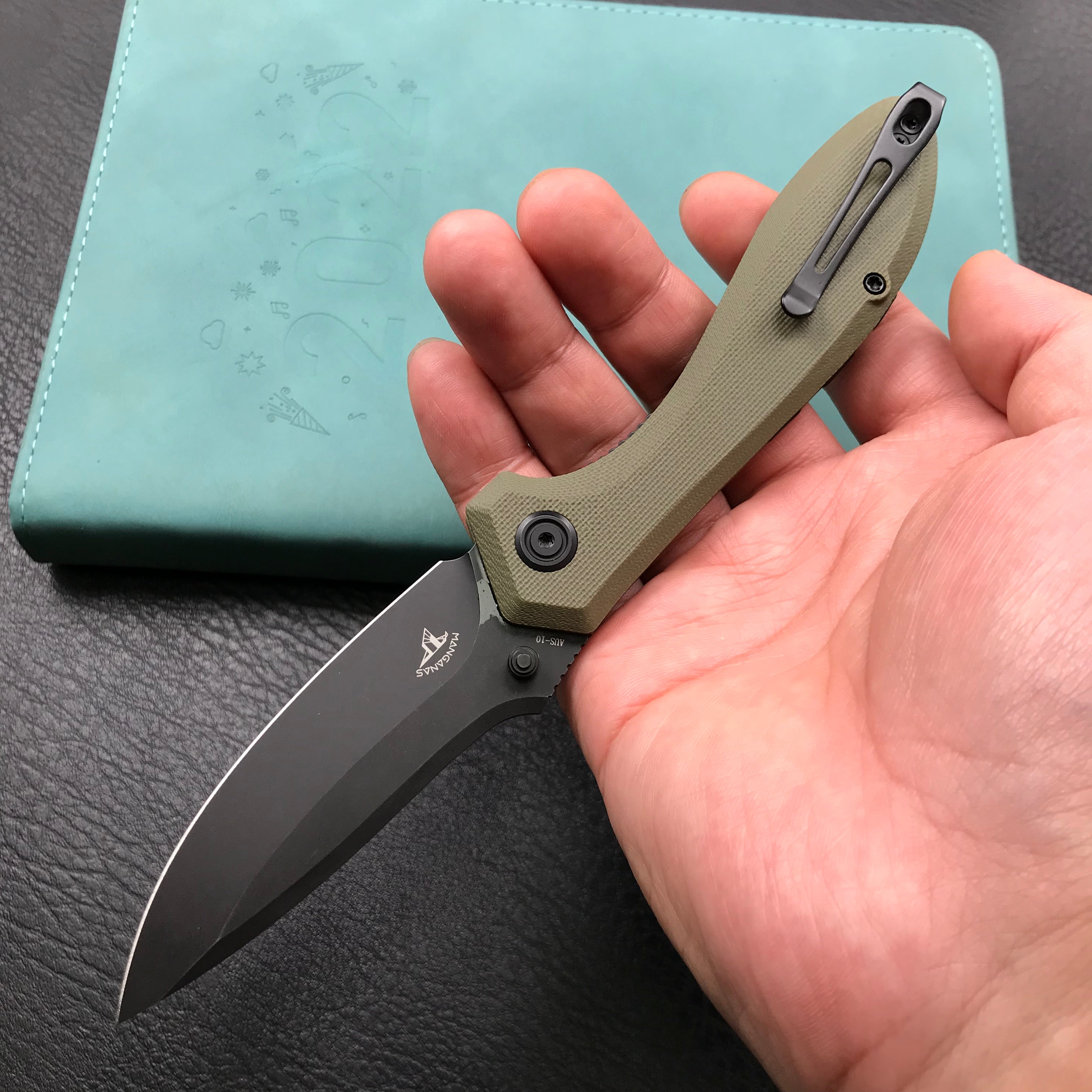 KUBEY KU314G Ruckus Liner Lock Folding Knife OD Green G10 Handle 3.31" Dark Stonewashed AUS-10