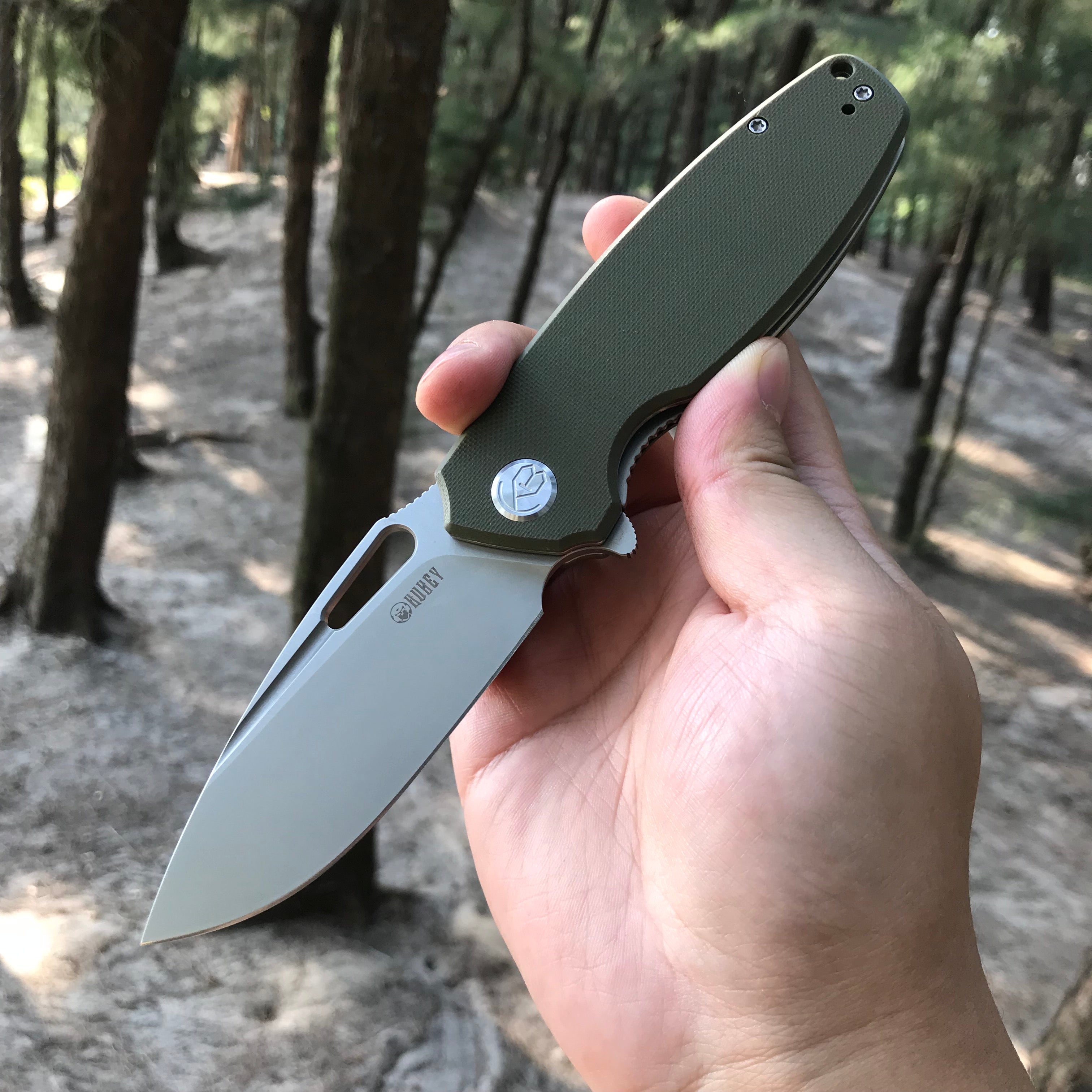 KUBEY KU322B Liner Lock Flipper Folding Knife Green G10 Handle 3.39" Blasted Stonewashed  D2