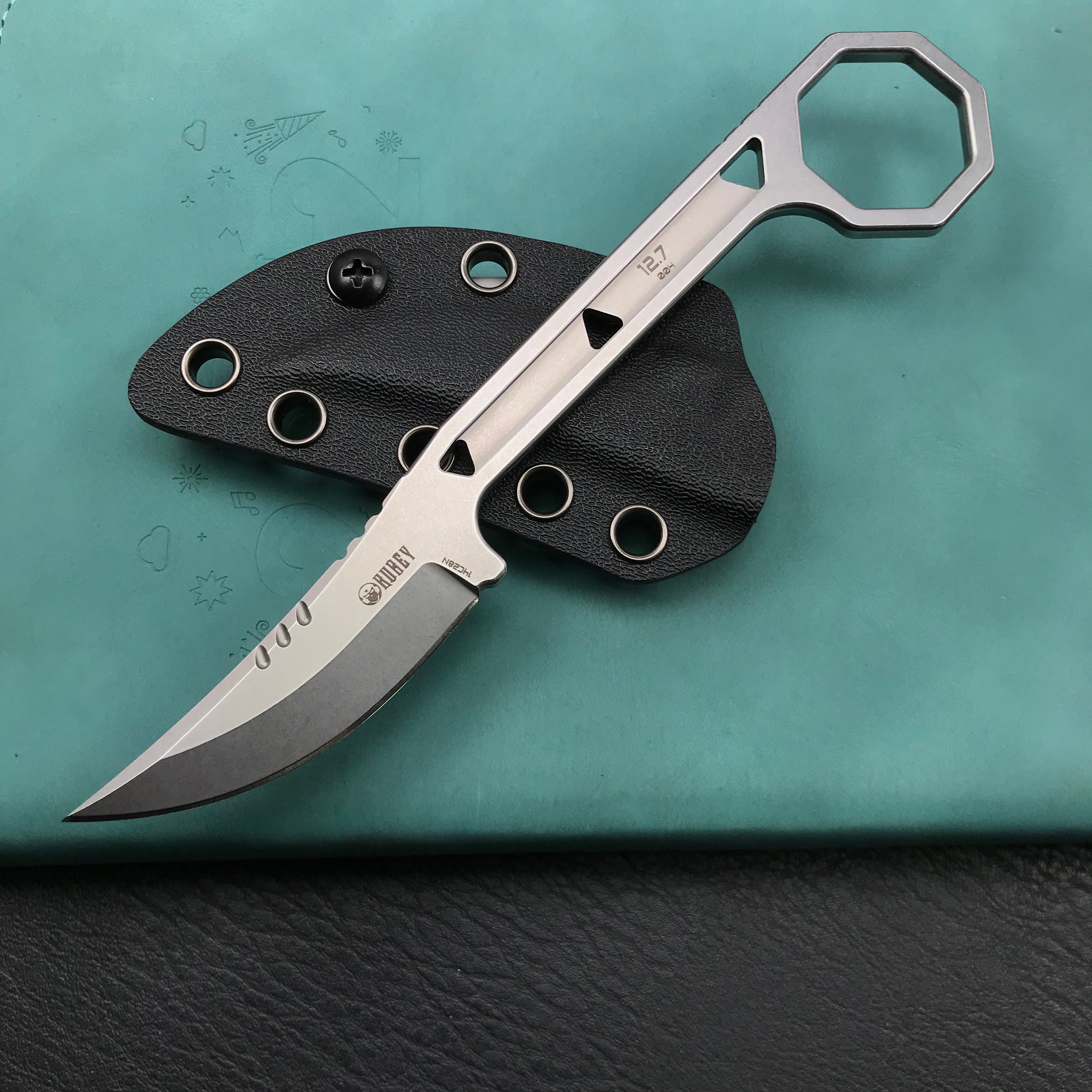 KUBEY KU362 Hydra Design 12.7 Every Day Carry Fixed Blade Knife Skeletonized Handle 2.60" Blasted Stonewashed 14C28N
