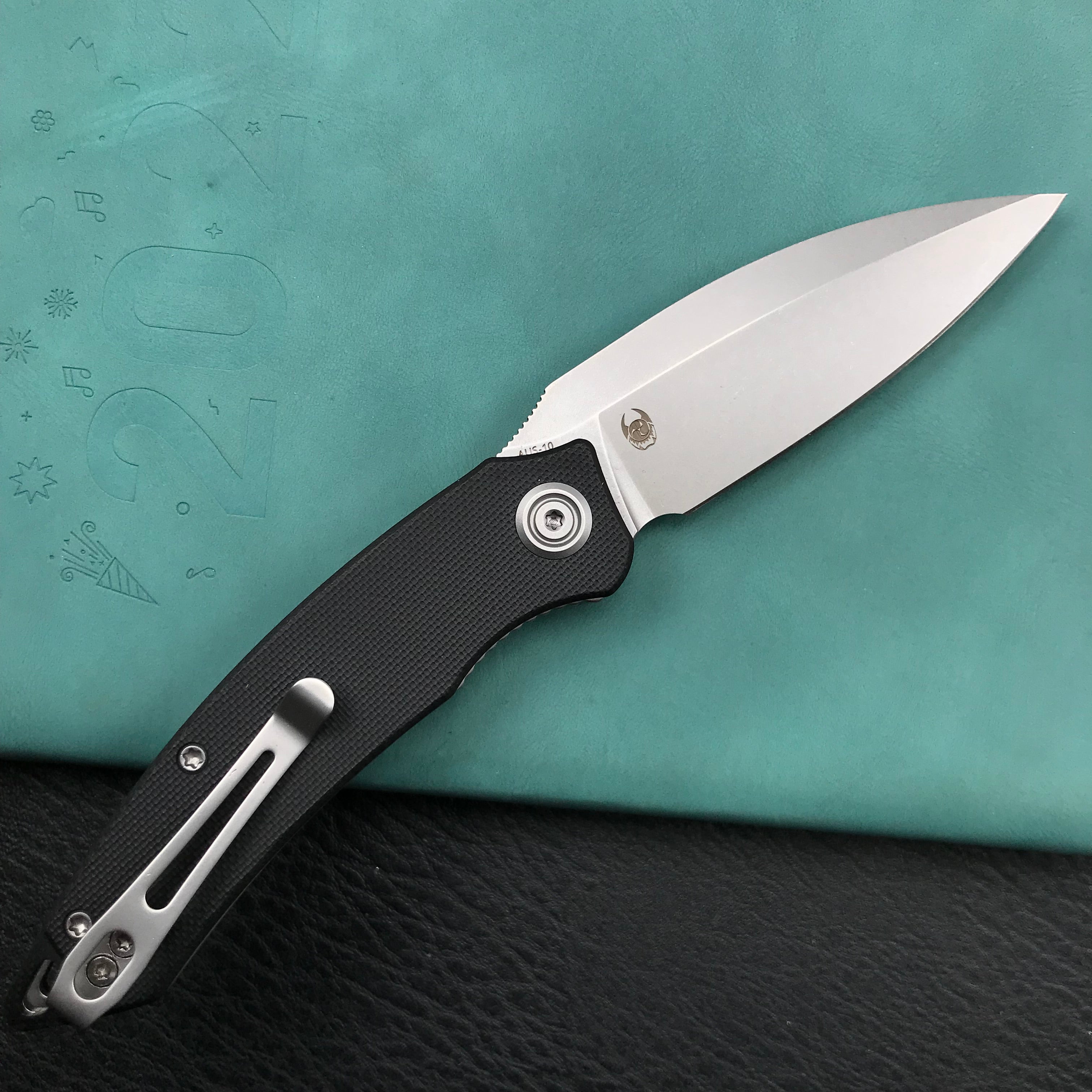 KUBEY KU333A Leaf Liner Lock Front Flipper Folding Knife Black G10 Handle 2.99" Bead Blasted AUS-10