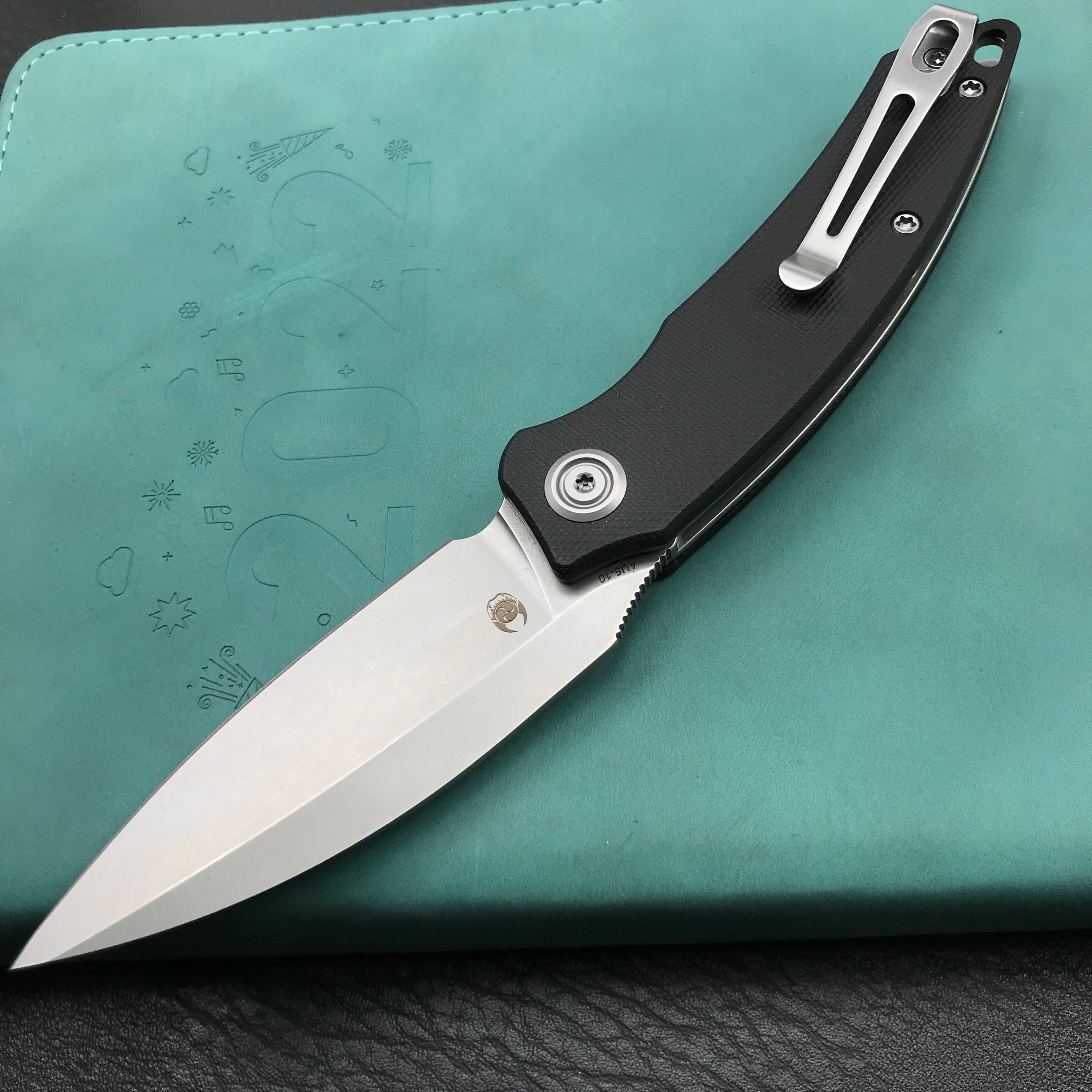 KUBEY KU333A Leaf Liner Lock Front Flipper Folding Knife Black G10 Handle 2.99" Bead Blasted AUS-10