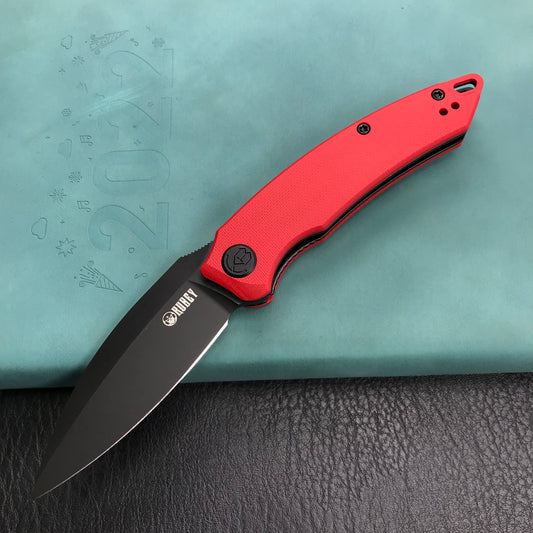 KUBEY KU333B  Liner Lock Front Flipper Folding Knife Red G10 Handle 2.99" Dark Stonewashed AUS-10