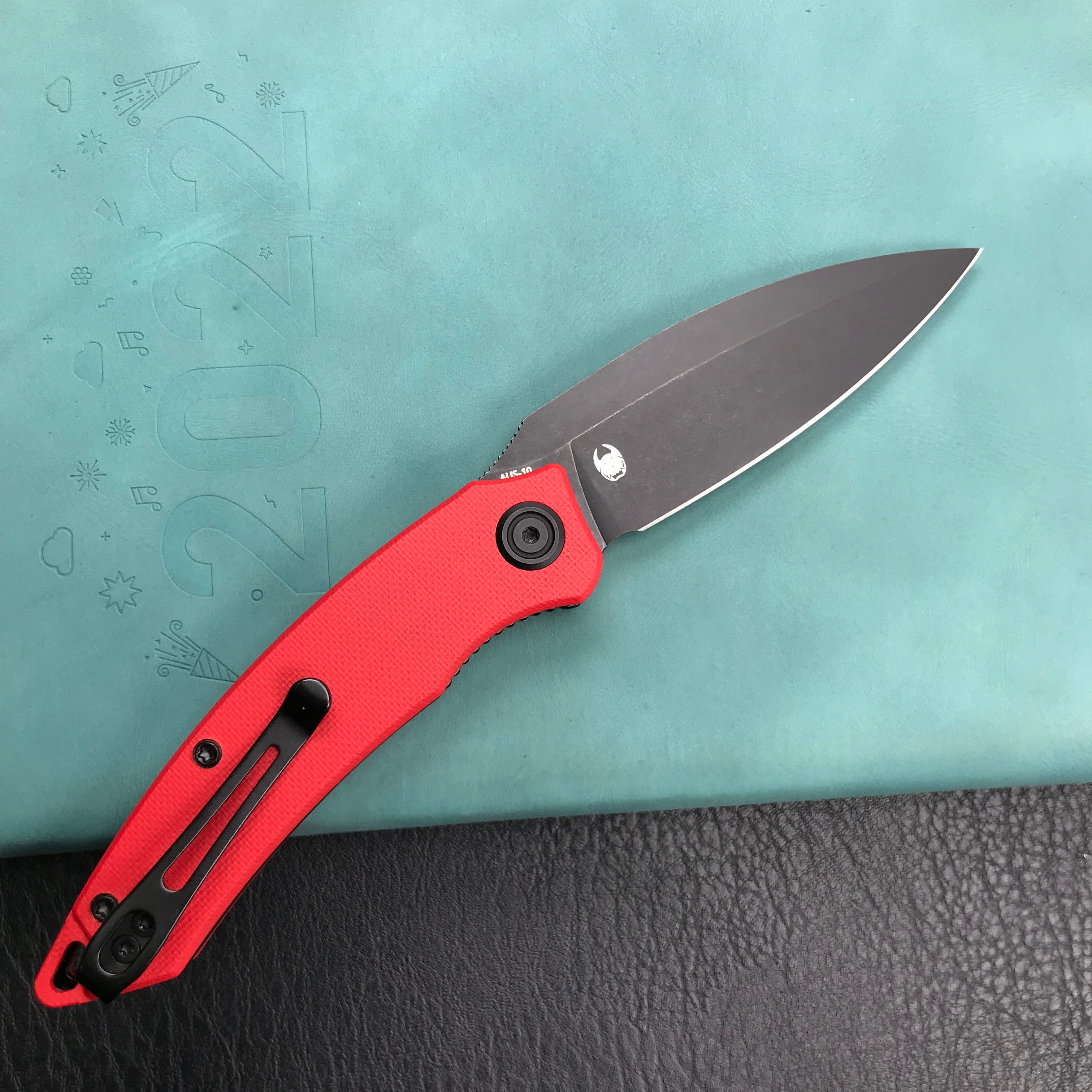 KUBEY KU333B  Liner Lock Front Flipper Folding Knife Red G10 Handle 2.99" Dark Stonewashed AUS-10