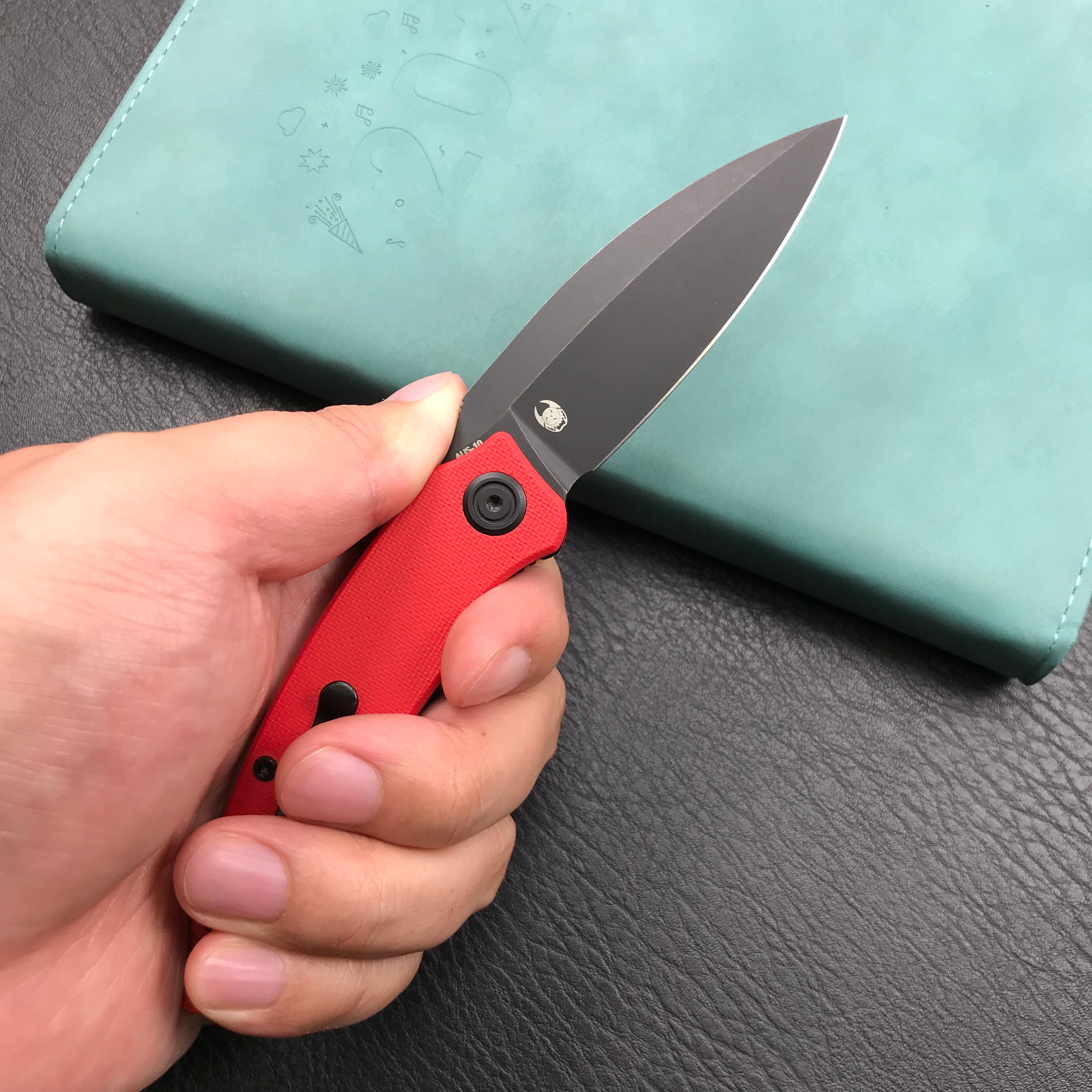 KUBEY KU333B  Liner Lock Front Flipper Folding Knife Red G10 Handle 2.99" Dark Stonewashed AUS-10