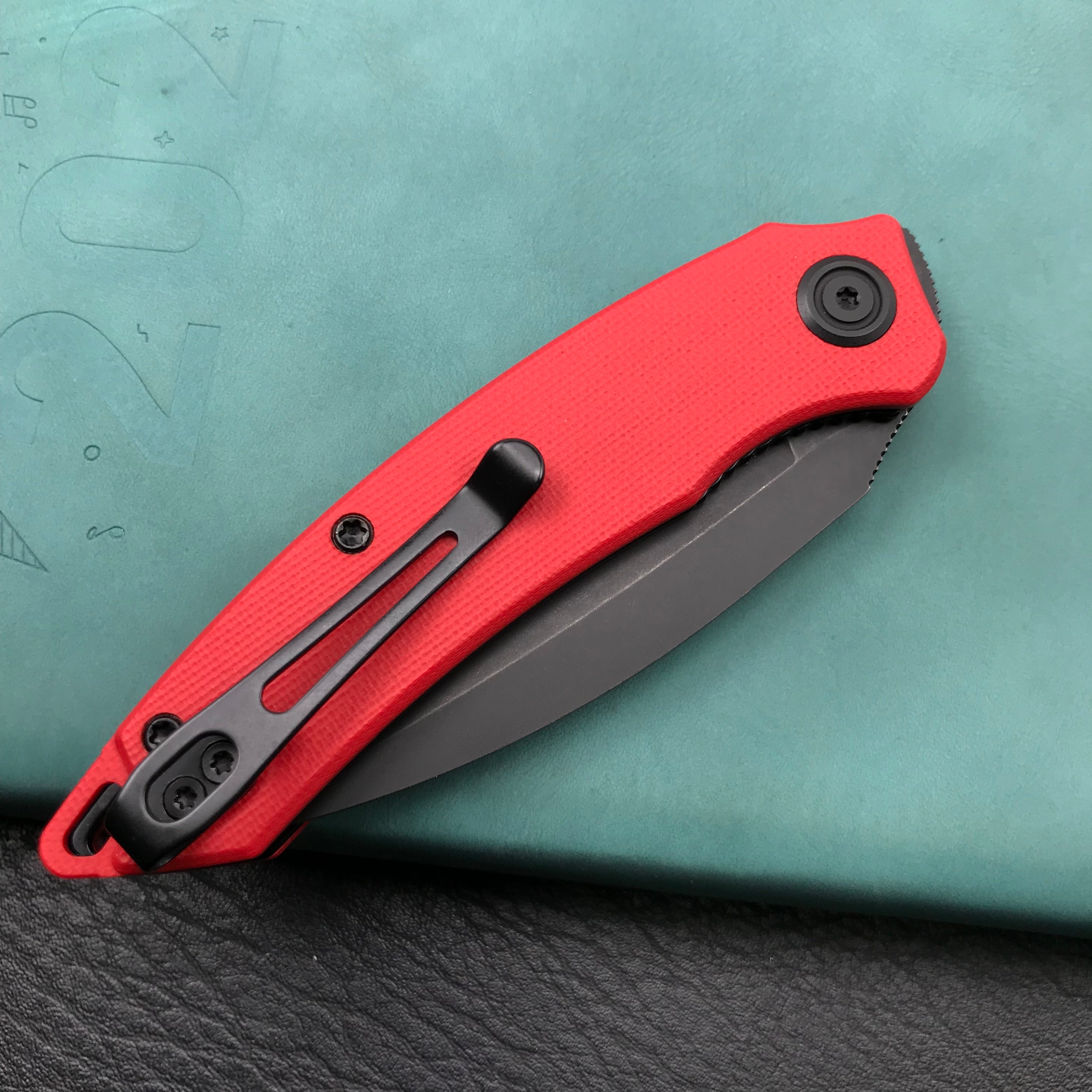 KUBEY KU333B  Liner Lock Front Flipper Folding Knife Red G10 Handle 2.99" Dark Stonewashed AUS-10