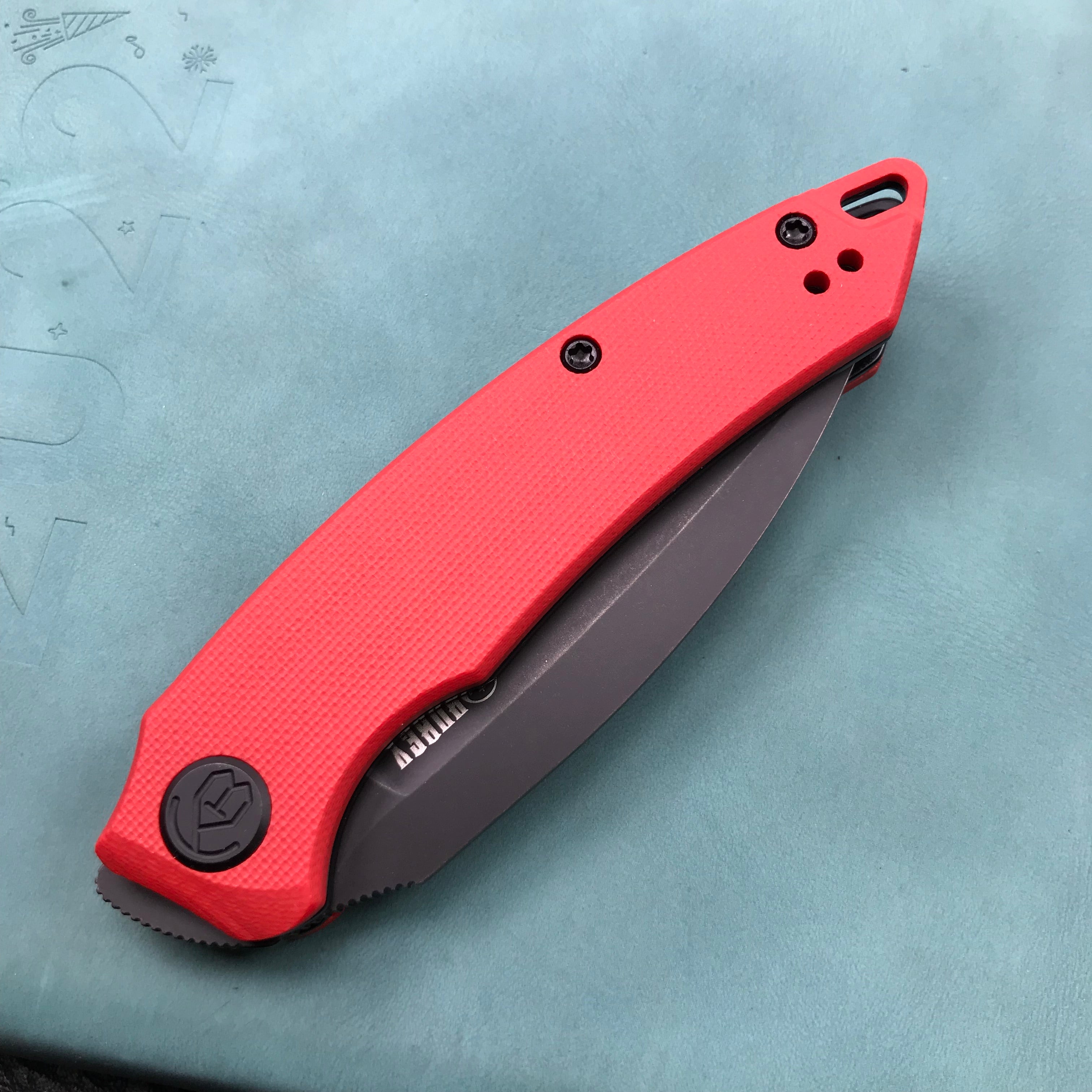 KUBEY KU333B  Liner Lock Front Flipper Folding Knife Red G10 Handle 2.99" Dark Stonewashed AUS-10