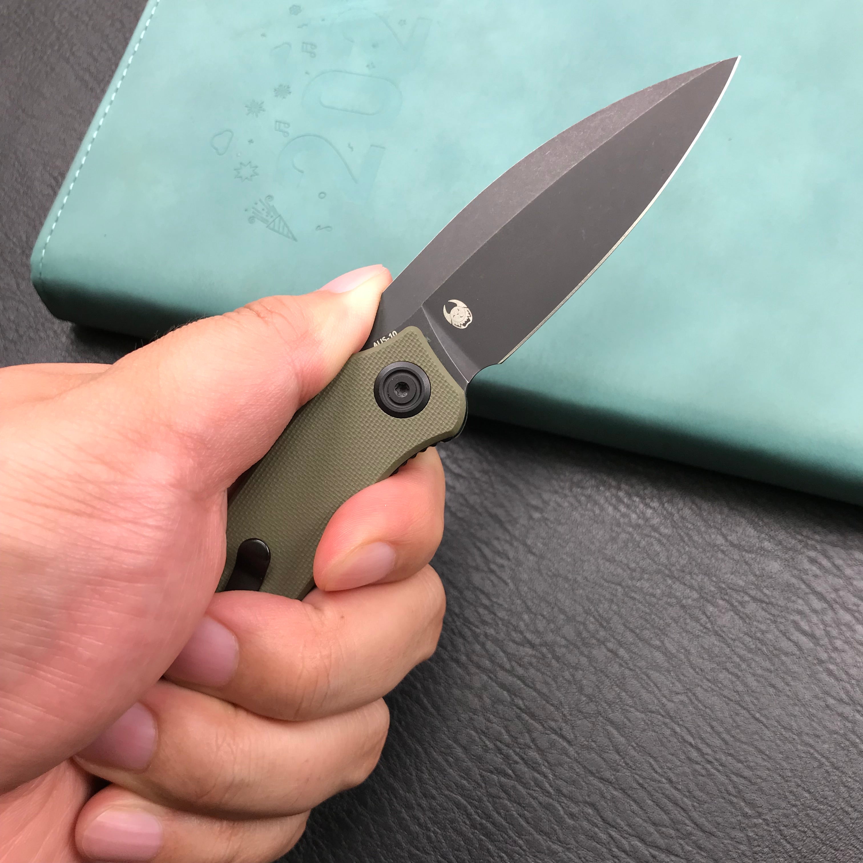 KUBEY KU333C Leaf Liner Lock Front Flipper Folding Knife Green G10 Handle 2.99" Black Stonewashed AUS-10