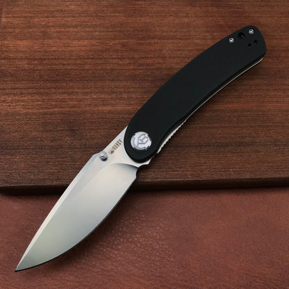 KUBEY  KU344A Momentum Sherif Manganas Design Liner Lock Front Flipper  Dual Studs Open Folding Knife Black G10 Handle 3.43" Blasted Stonewashed D2